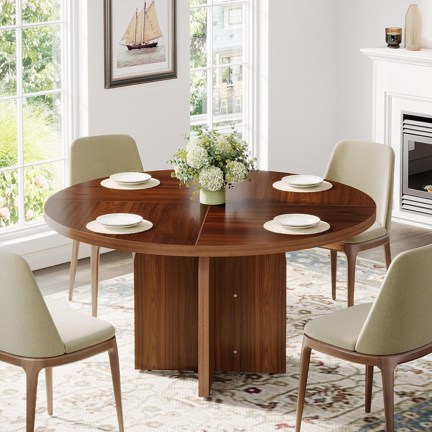 120-CM Dining Table, Wood Round Kitchen Table for 4-6