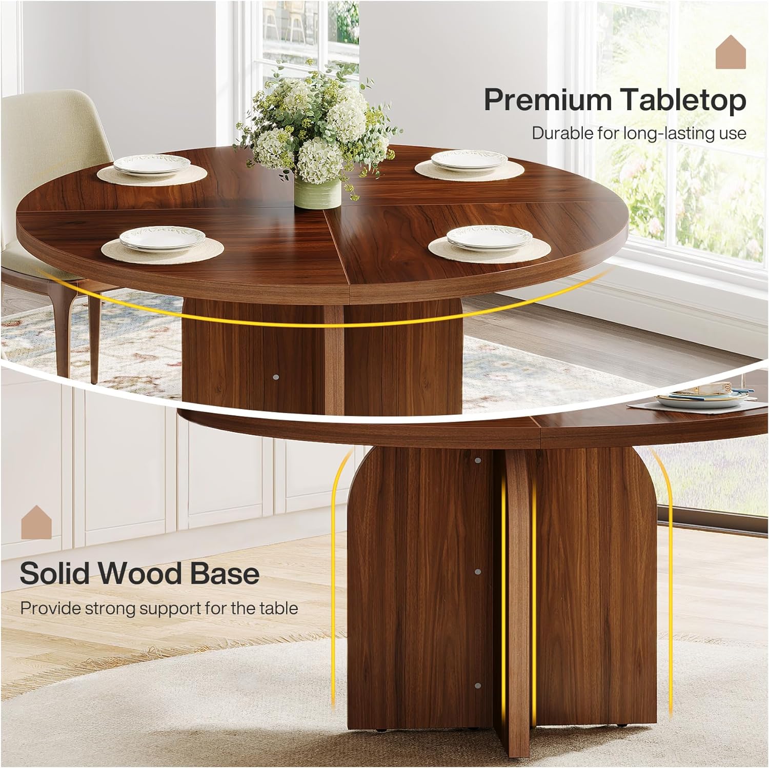 120-CM Dining Table, Wood Round Kitchen Table for 4-6