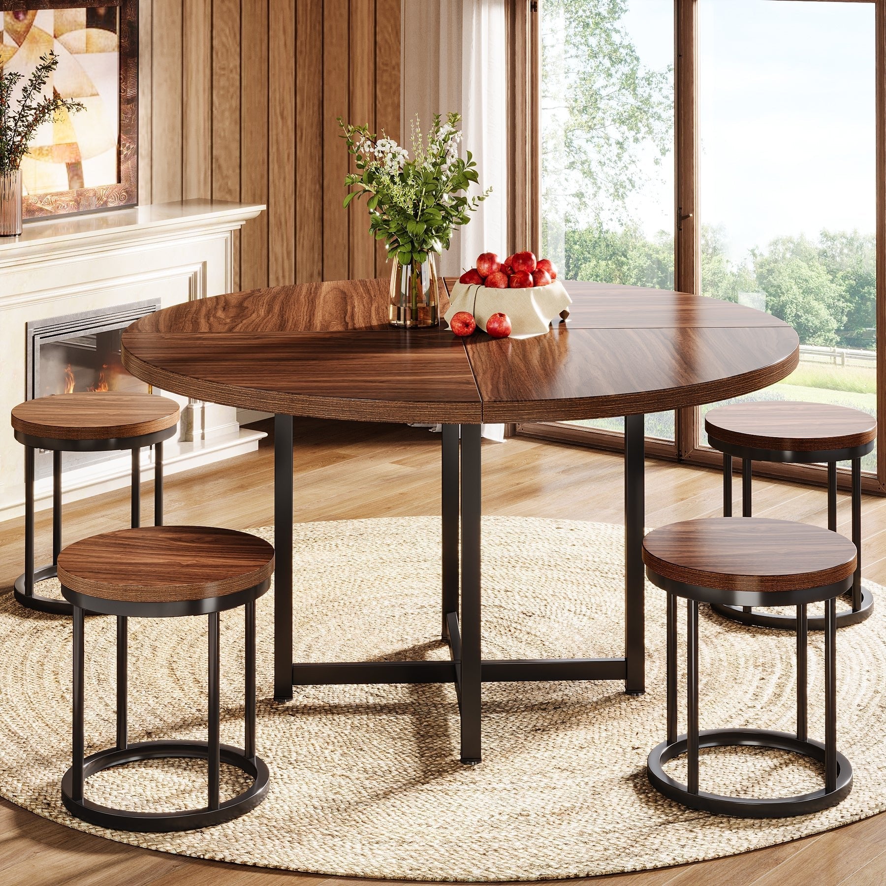 120 cm Round Dining Table, 5-Piece Kitchen Dinner Table and Chairs Set