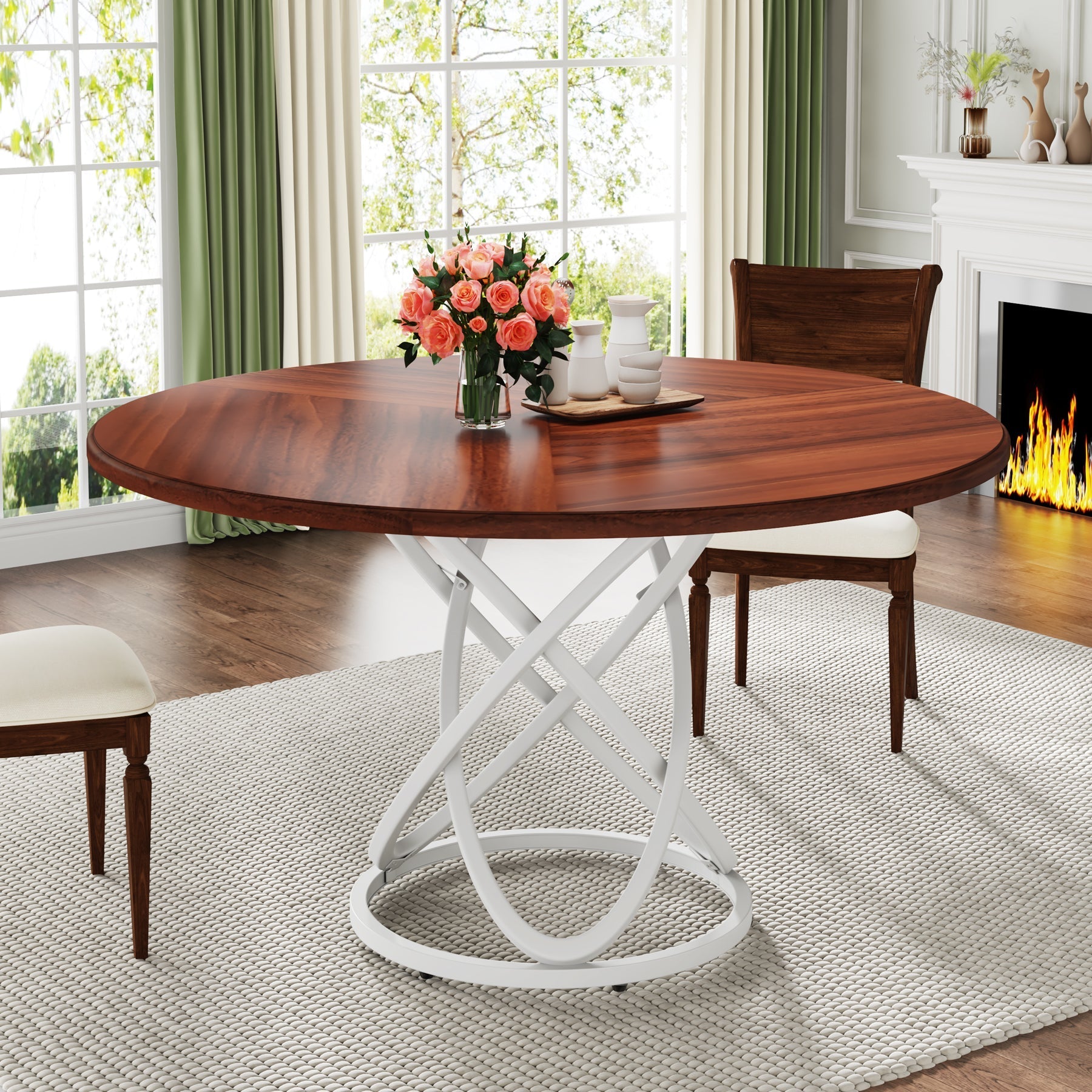 120 cm Round Dining Table, Dinner Kitchen Table with Metal Base