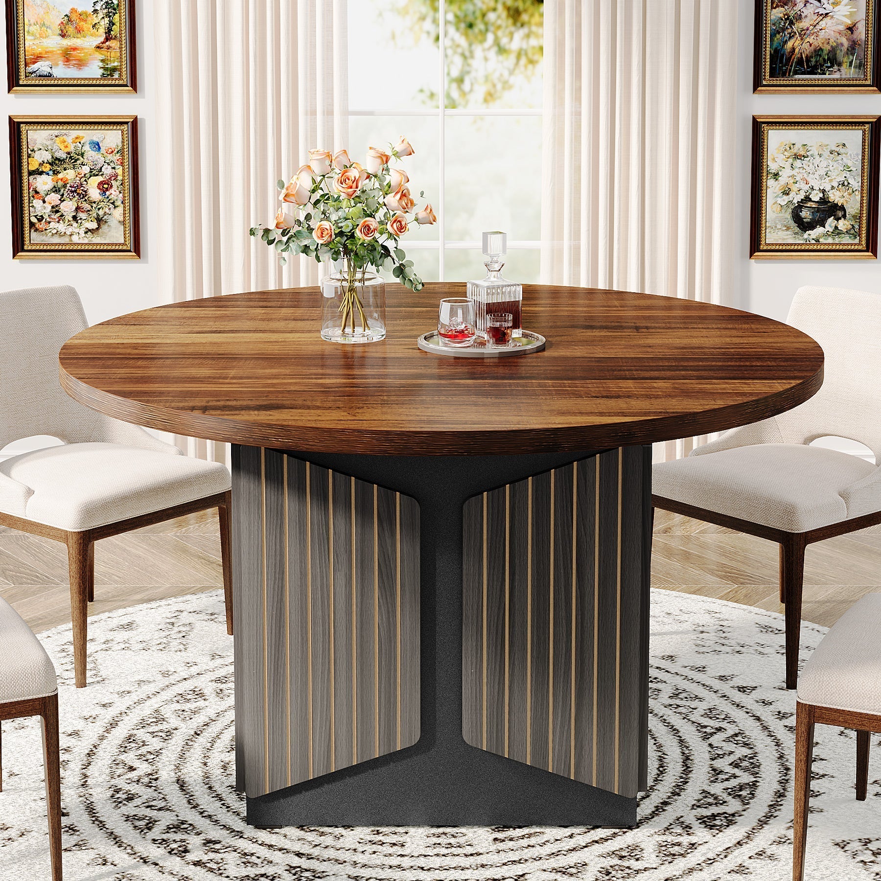 120 cm Round Dining Table, Farmhouse Kitchen Dinner Table for 4-6 People