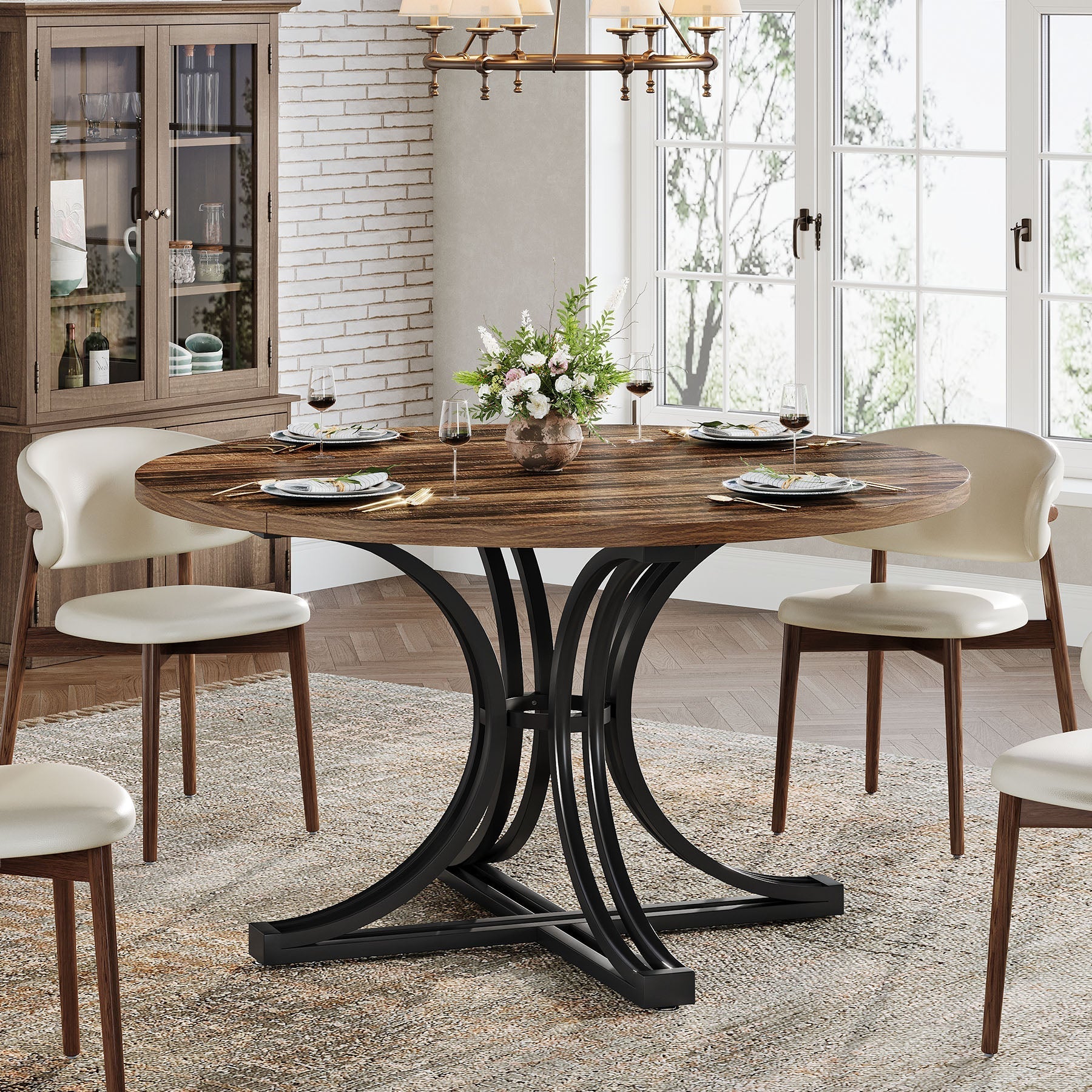 120 cm Round Dining Table, Farmhouse Kitchen Table for 4-6 People