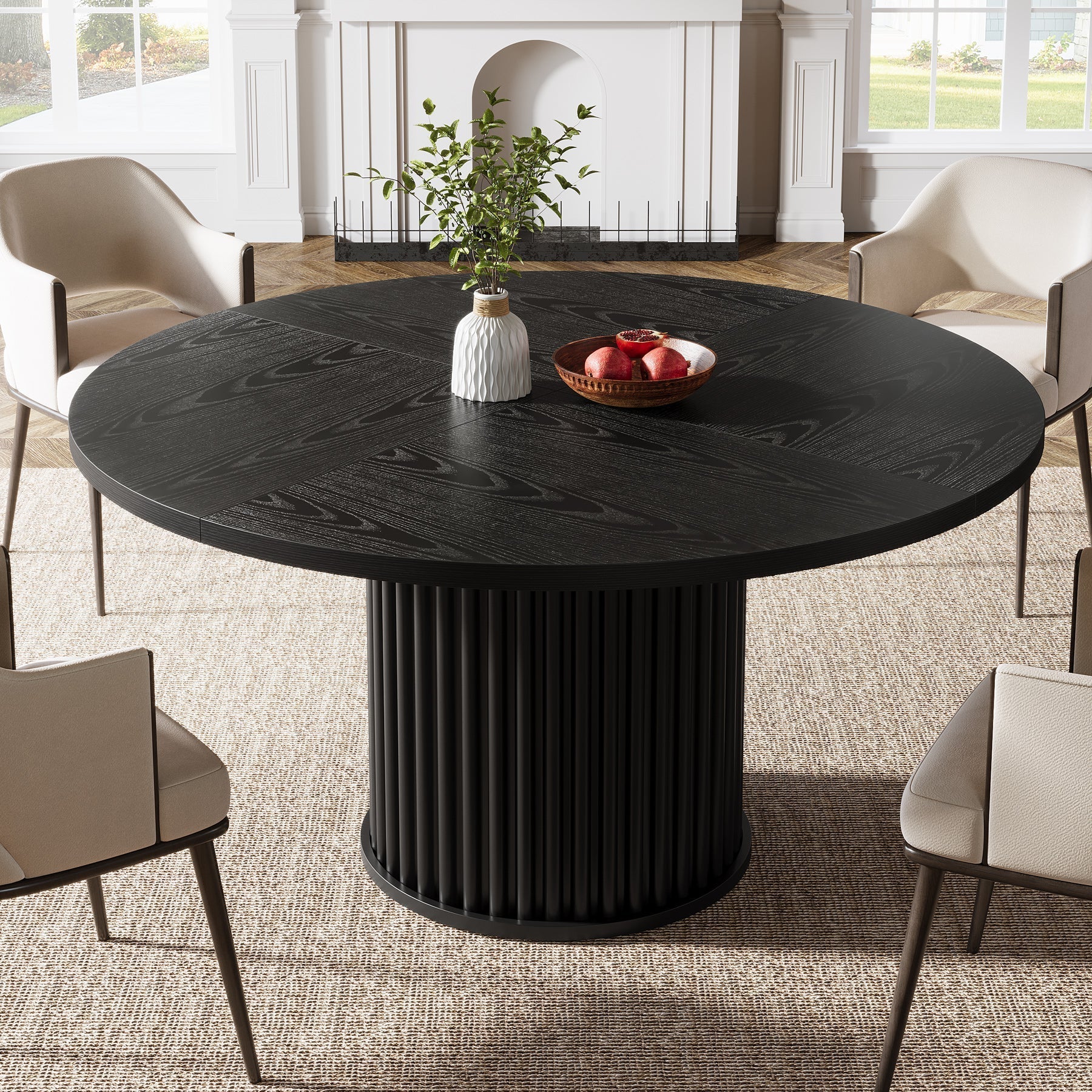 120 cm Round Dining Table, Wood Kitchen Table with Sturdy Fluted Metal Base