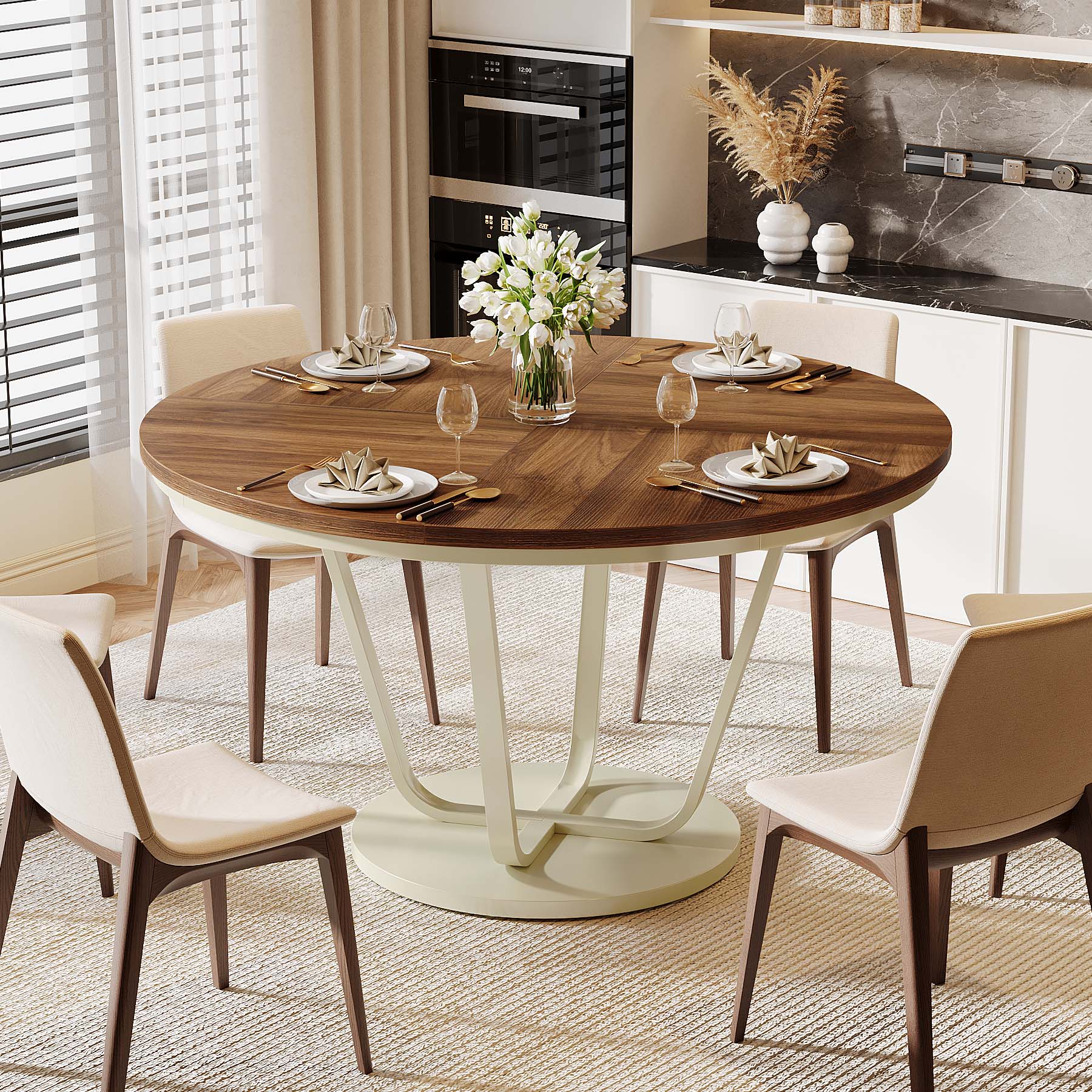 120 cm Wood Dining Table, Round Farmhouse Kitchen Table for 4-6 People