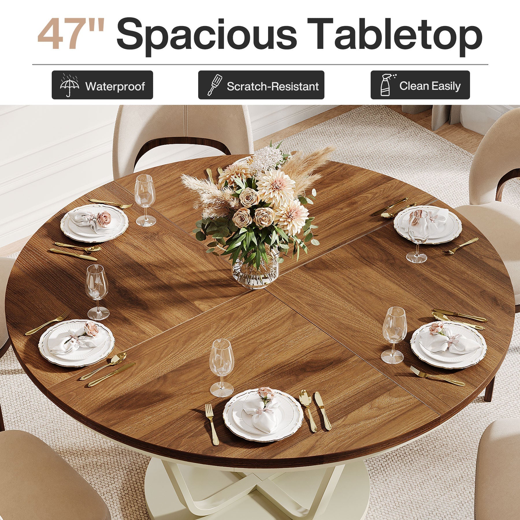 120 cm Wood Dining Table, Round Farmhouse Kitchen Table for 4-6 People