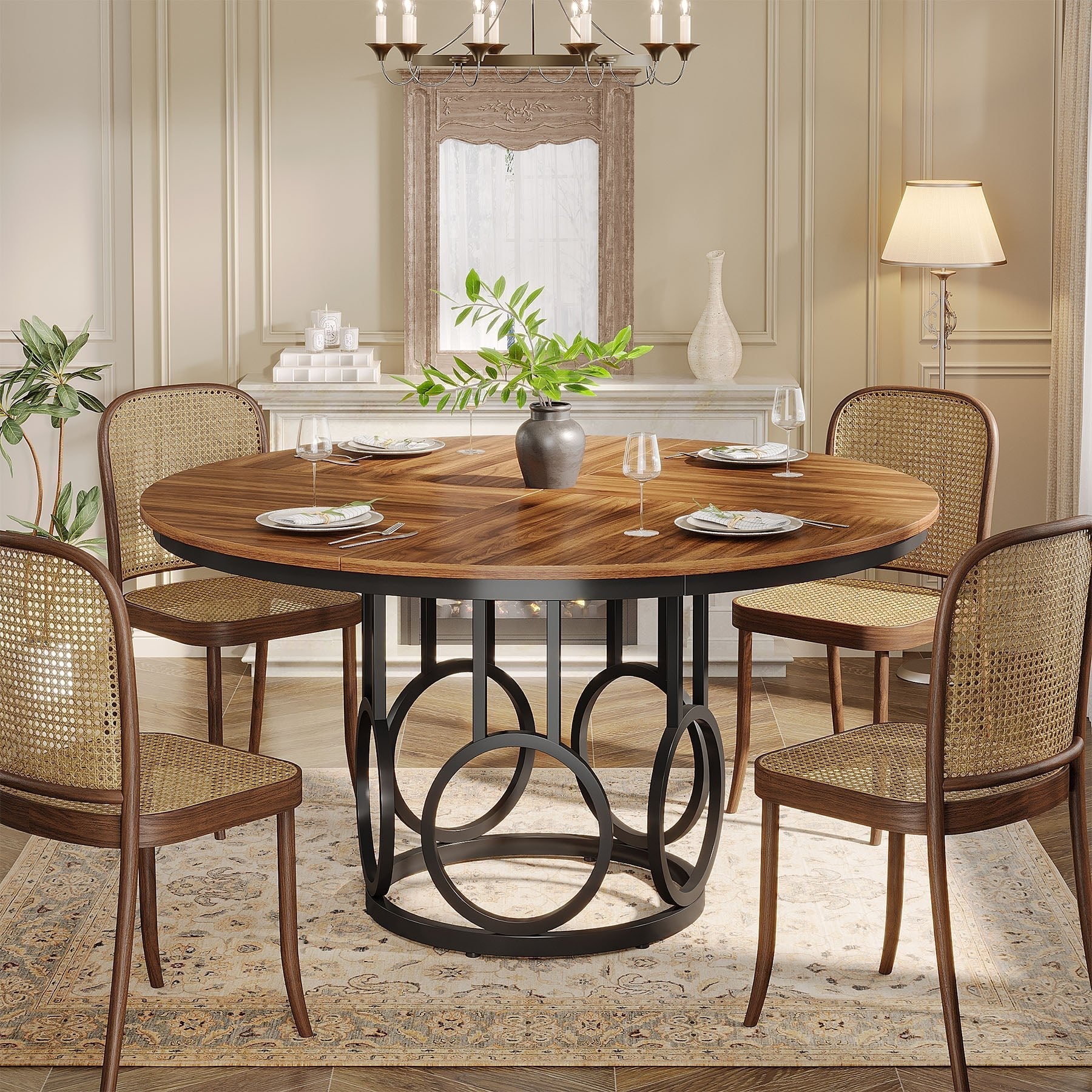 120 cm Wood Dining Table, Round Kitchen Table for 4-6 People