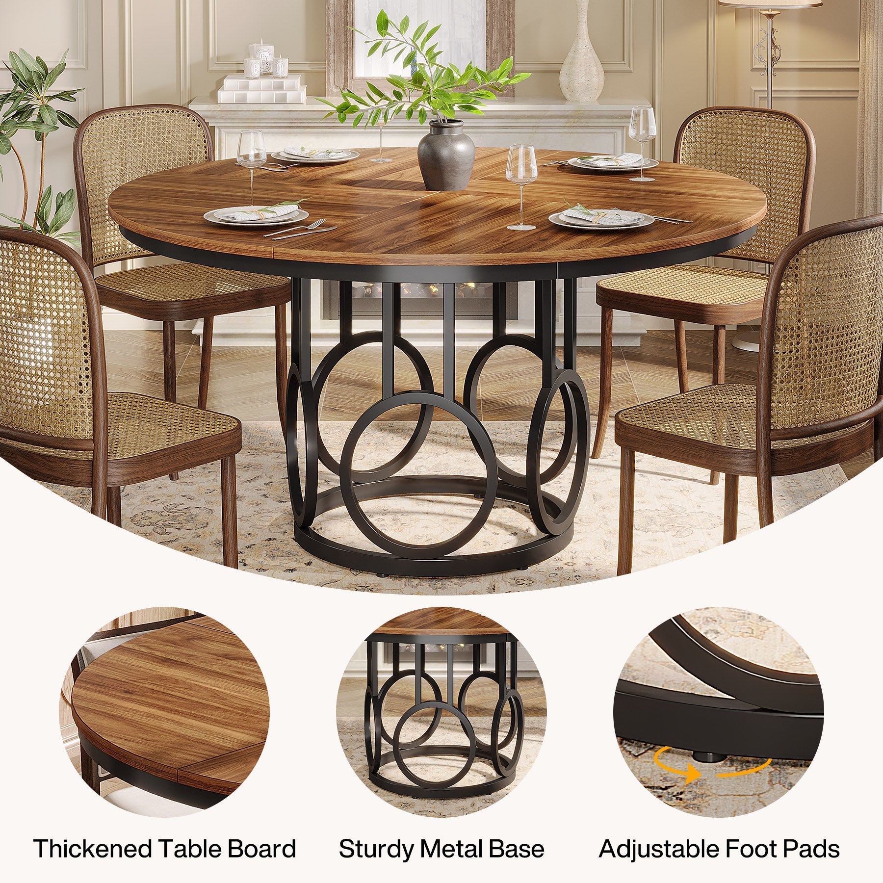 120 cm Wood Dining Table, Round Kitchen Table for 4-6 People