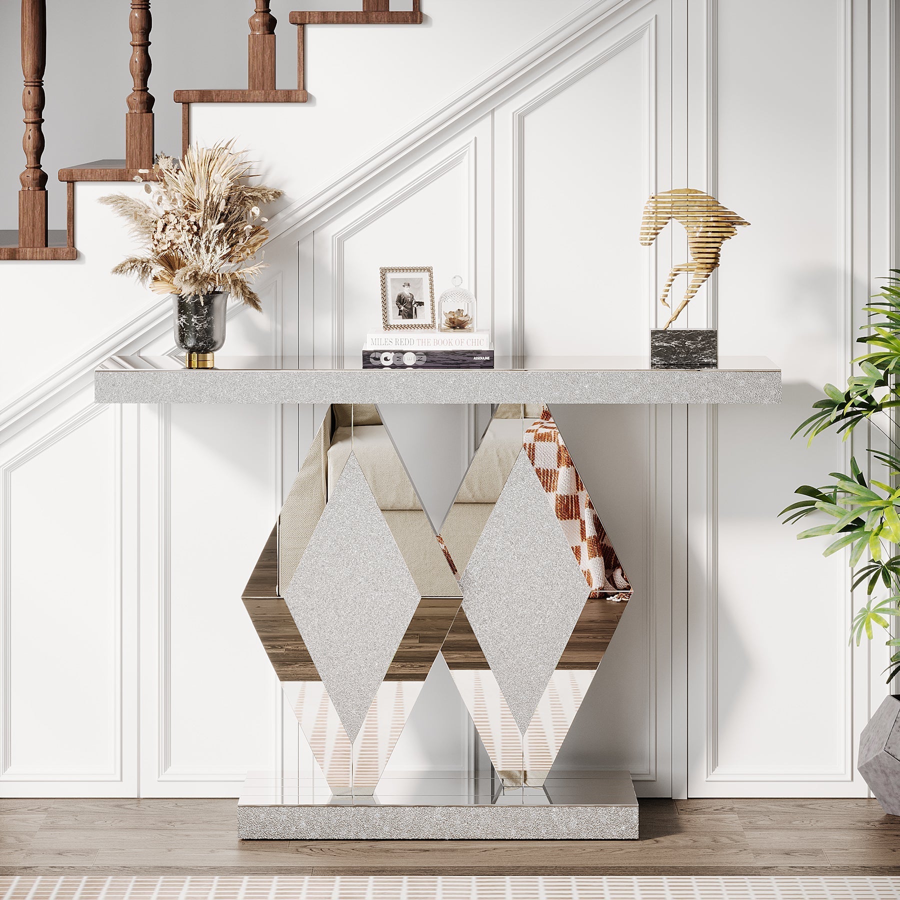 120 cm Console Table, Mirrored Sofa Table with Acrylic Diamonds