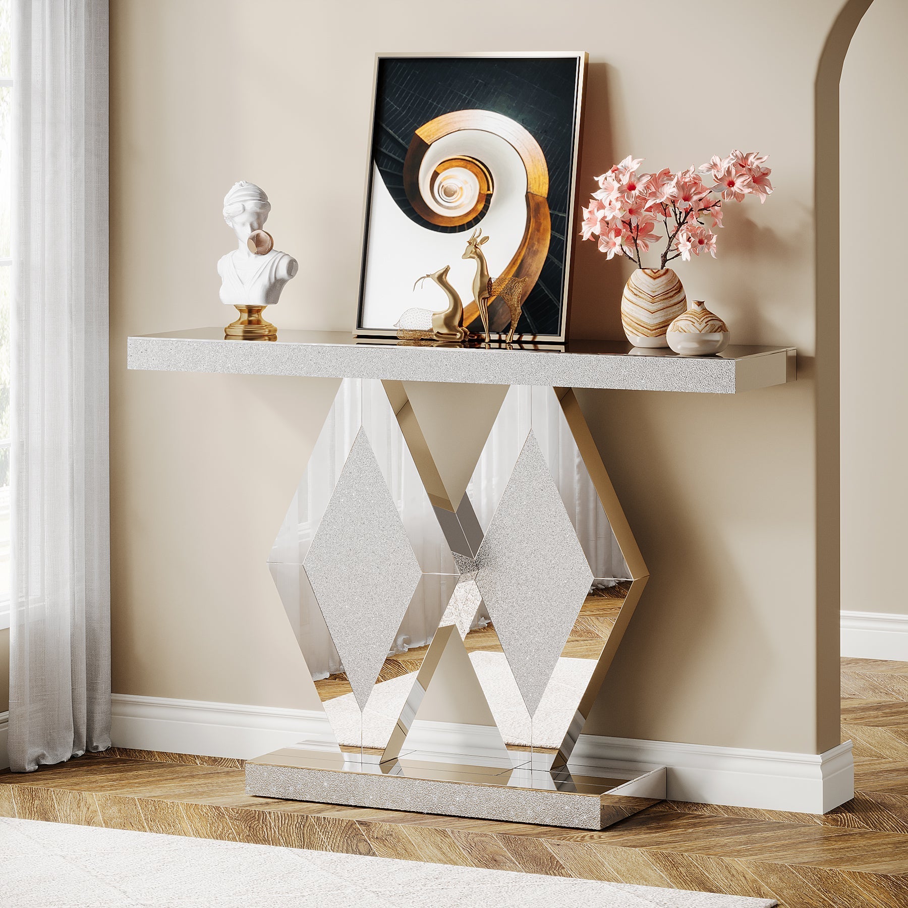 120 cm Console Table, Mirrored Sofa Table with Acrylic Diamonds