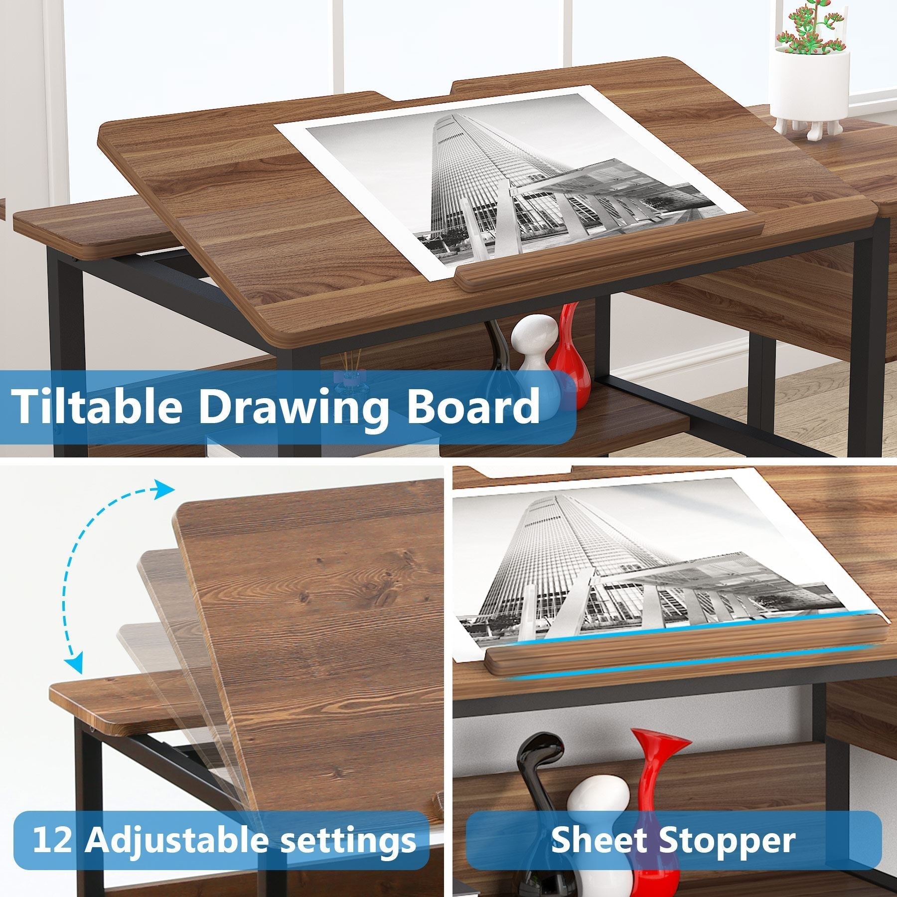 120 cm Drafting Table, Drawing Computer Desk with Storage Drawers