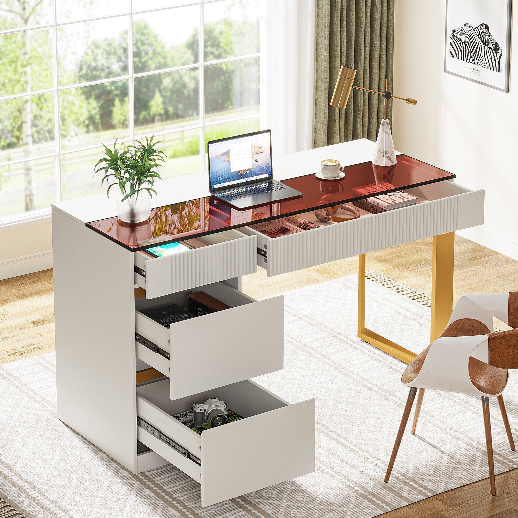 120 cm Computer Desk, 4-Drawer Writing Desk with Glass Top