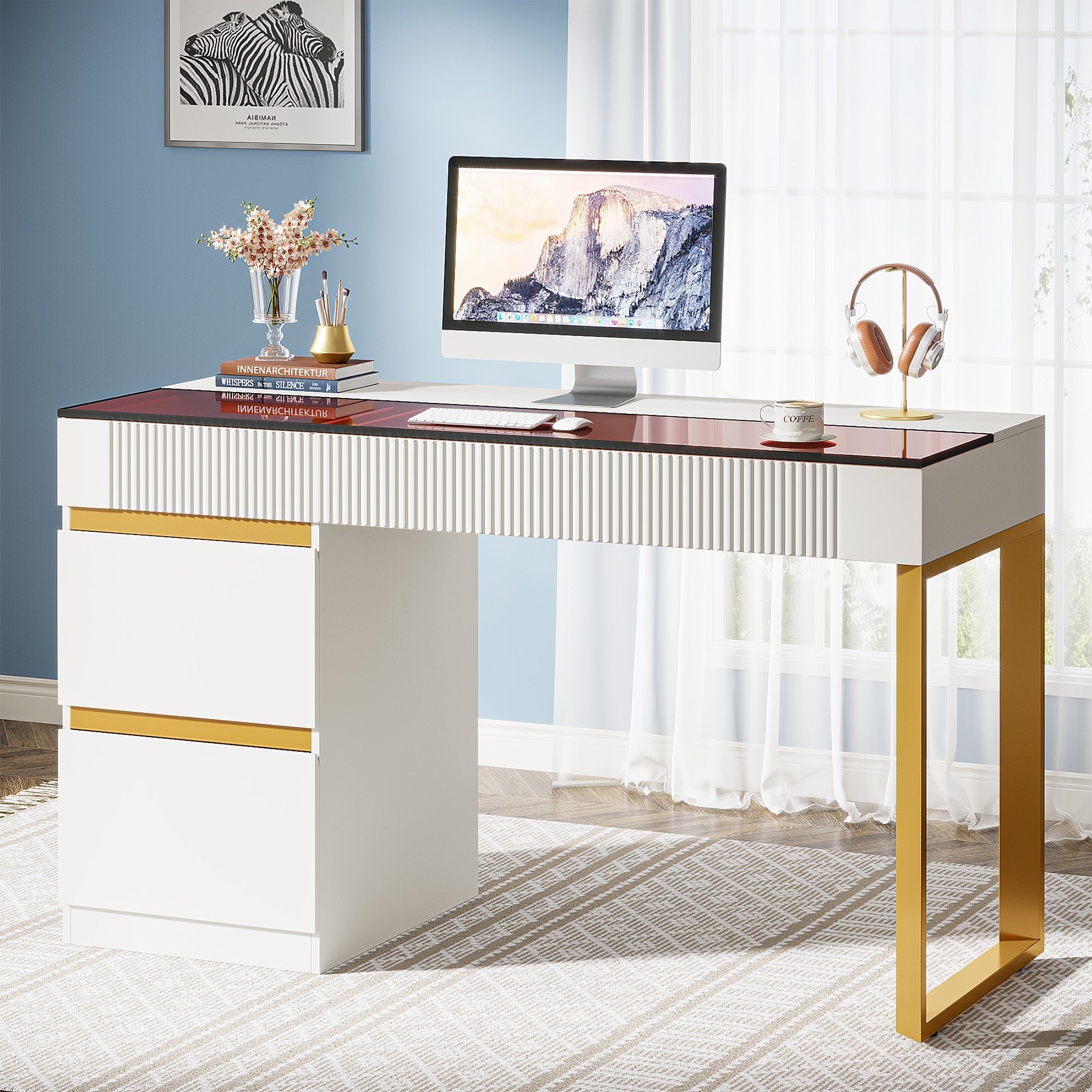 120 cm Computer Desk, 4-Drawer Writing Desk with Glass Top