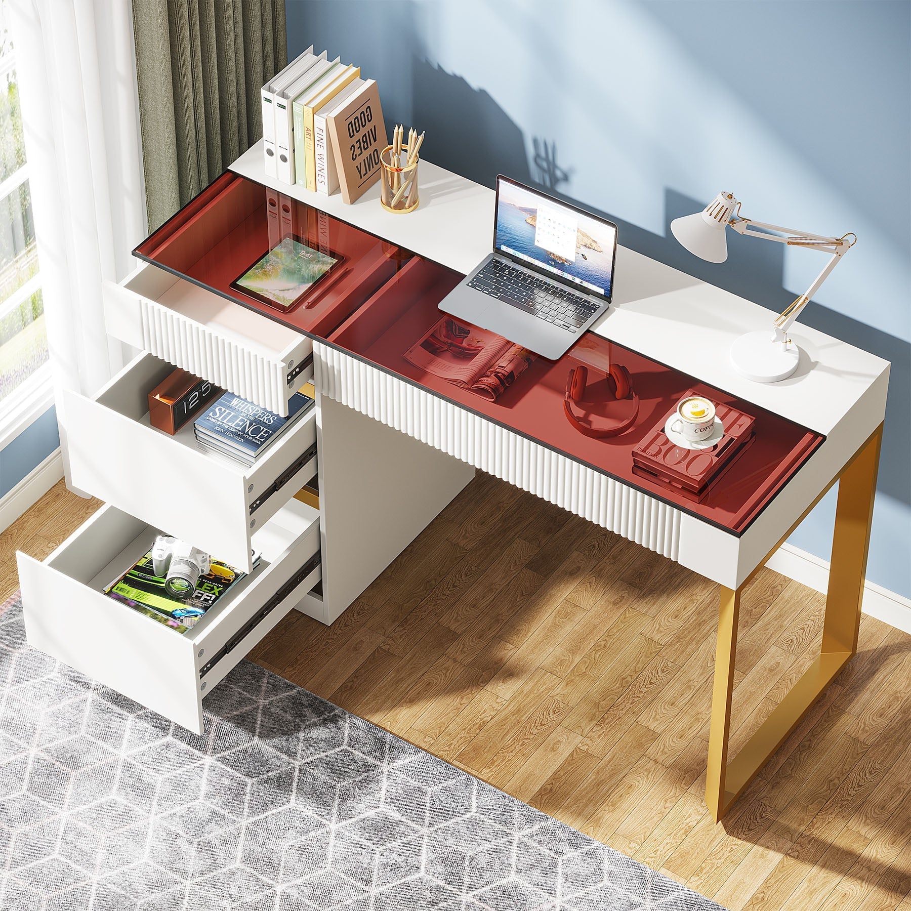 120 cm Computer Desk, 4-Drawer Writing Desk with Glass Top