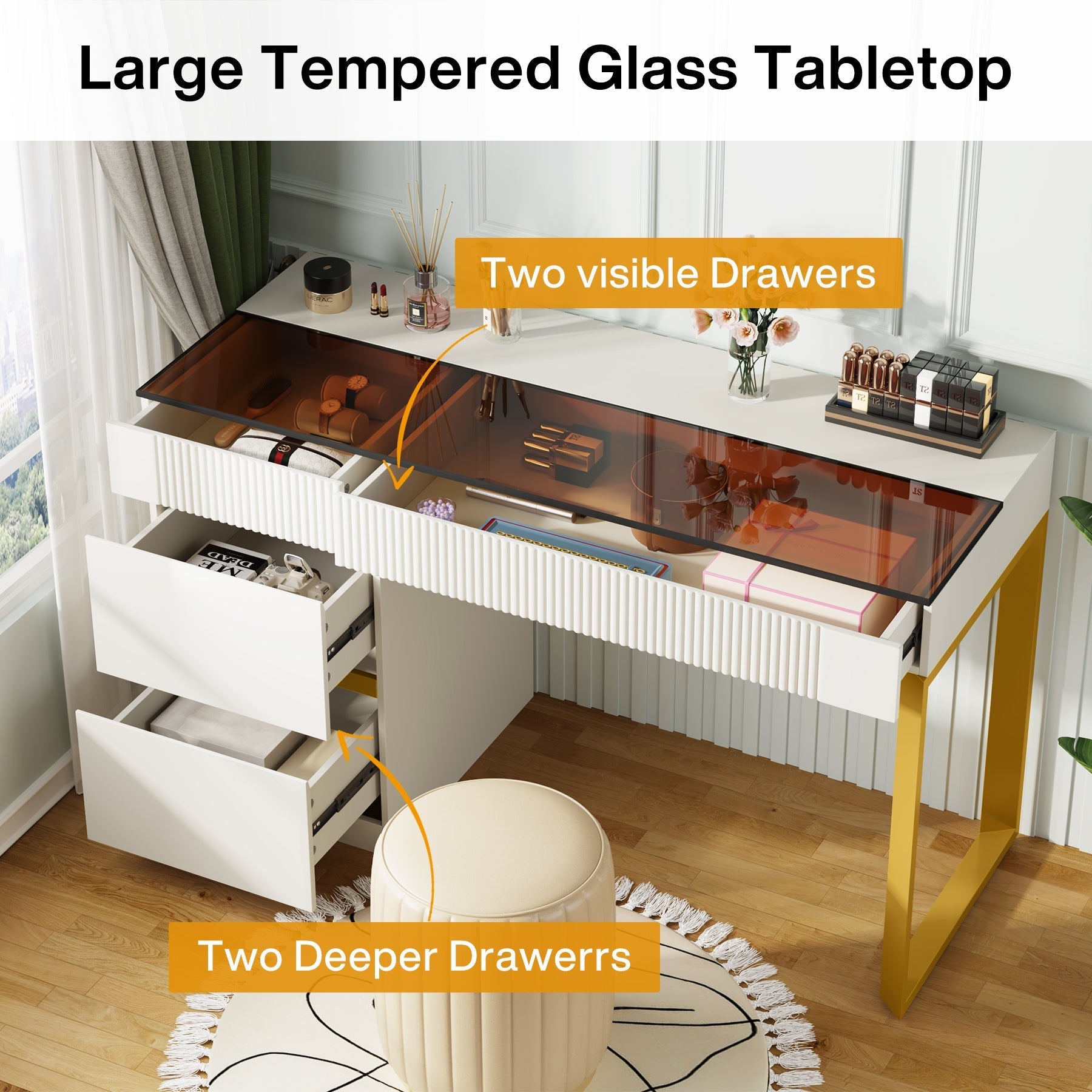 120 cm Computer Desk, 4-Drawer Writing Desk with Glass Top