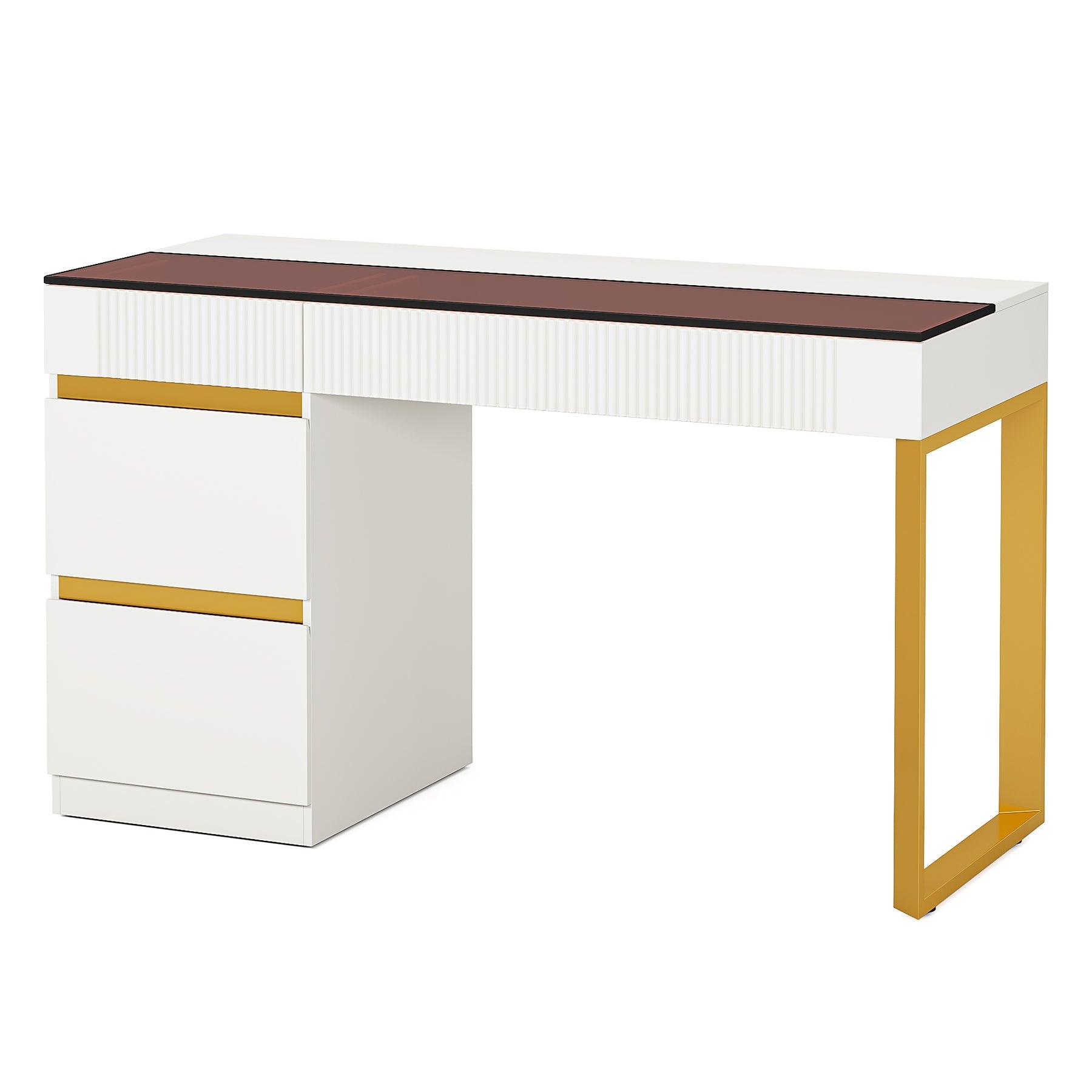 120 cm Computer Desk, 4-Drawer Writing Desk with Glass Top