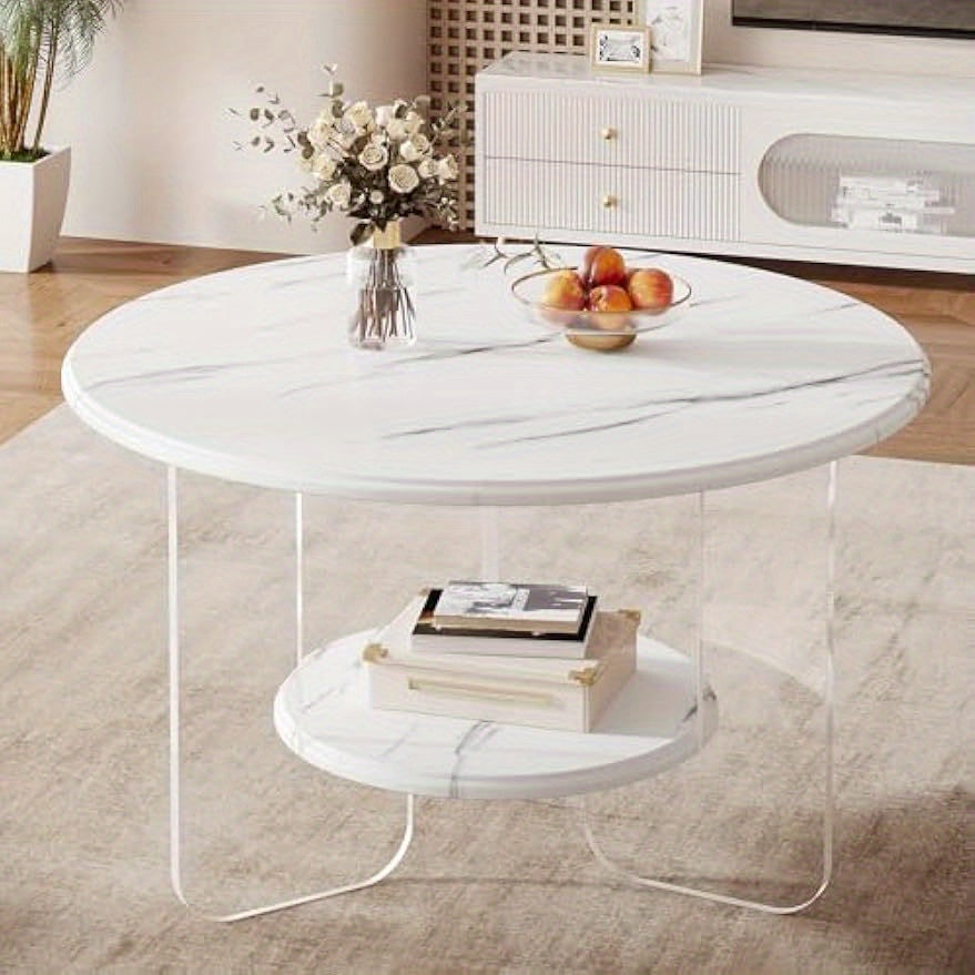 2-Tier Round Coffee Table with Acrylic Frame and High-Gloss Faux Marble White Top, 31.5" Modern Center Table with Storage, Circle Center Cocktail Table for Living Room, Reception Room