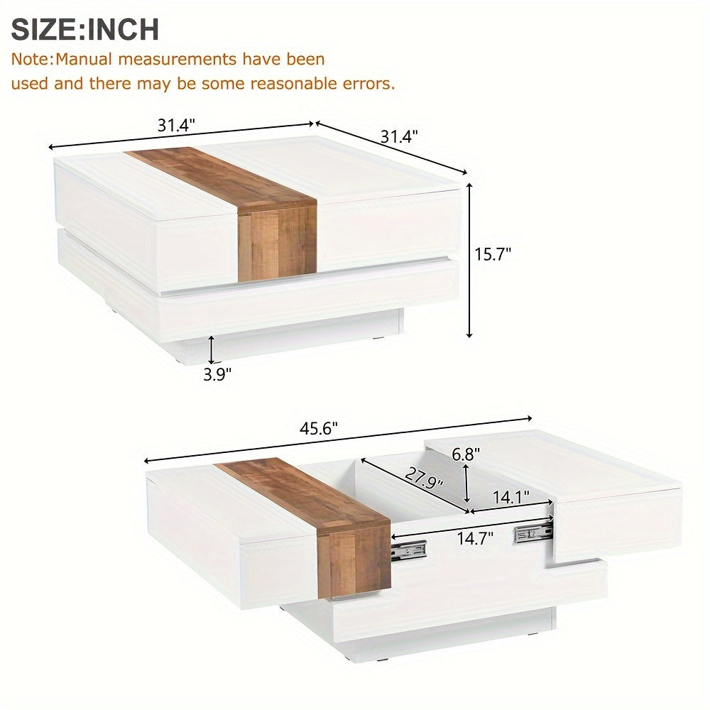 81cm Square Coffee Table With Sliding Tabletop, High Gloss Center Table With Hidden Storage Compartment, Extendable Cocktail Table With Walnut Grain Finish For Living Room