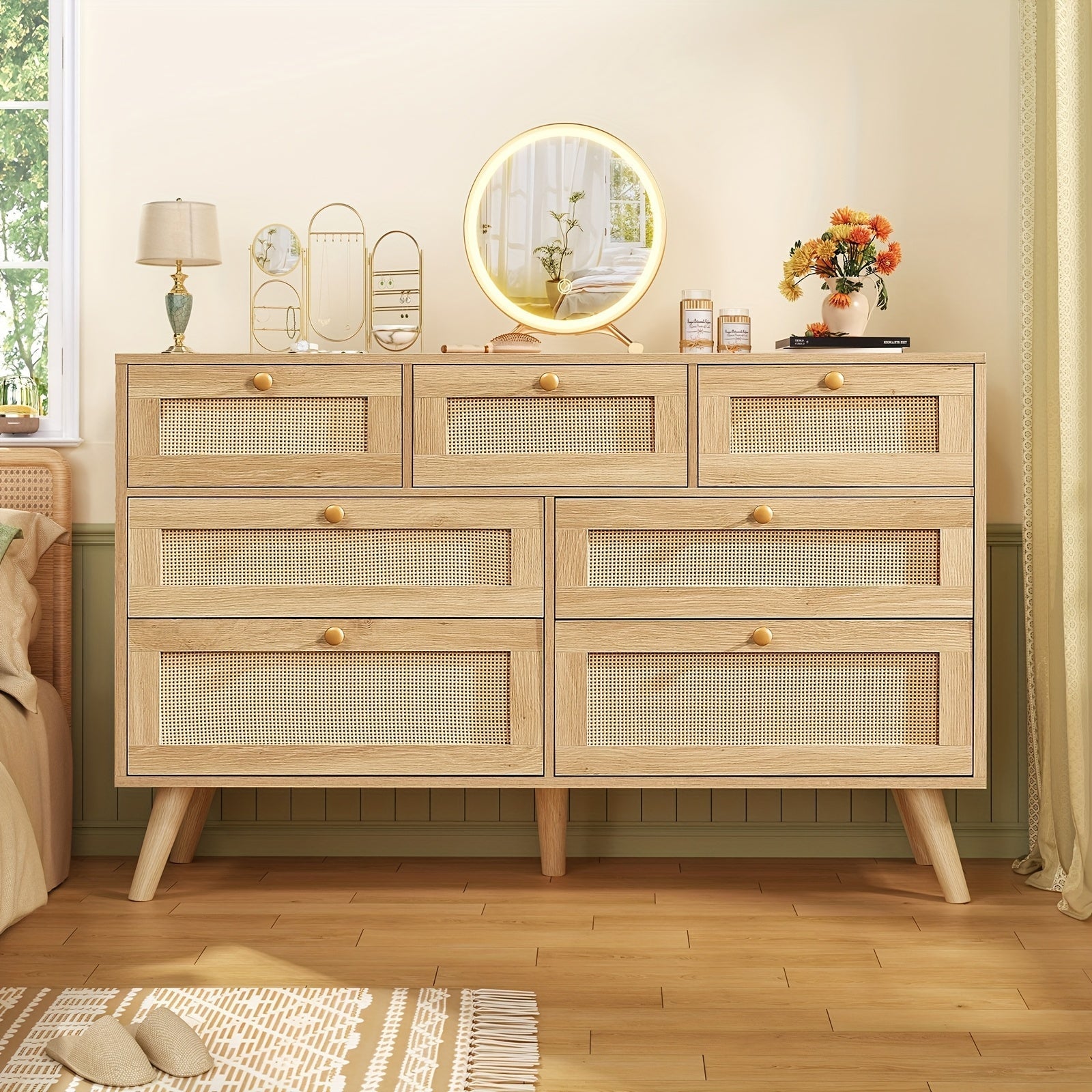 Rattan Dresser For Bedroom, 7 Drawer Dresser With Metal Slides, Rattan Closet Dressers Chest Of Drawers For Bedroom, Living Room, Entryway, Natural