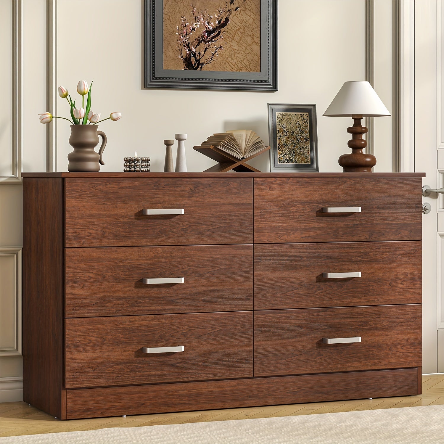 Brown Bedroom Dresser For Bedroom, 6 Drawers Dresser, Large Chest Of Drawers Storage Organizer, Long Dresser TV Stand