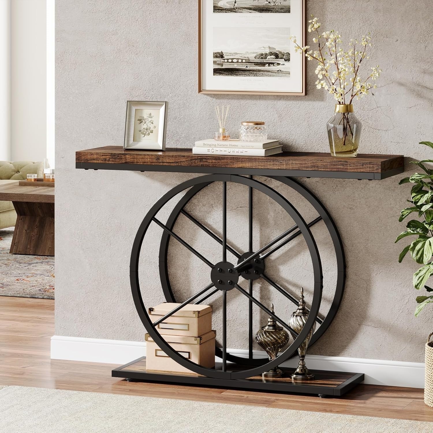 Rustic Brown Industrial Console Table - 100 cm Entryway & Living Room Narrow Sofa Table with Sturdy Wheel-Shaped Frame, Space-Saving Design, BYBLIGHT