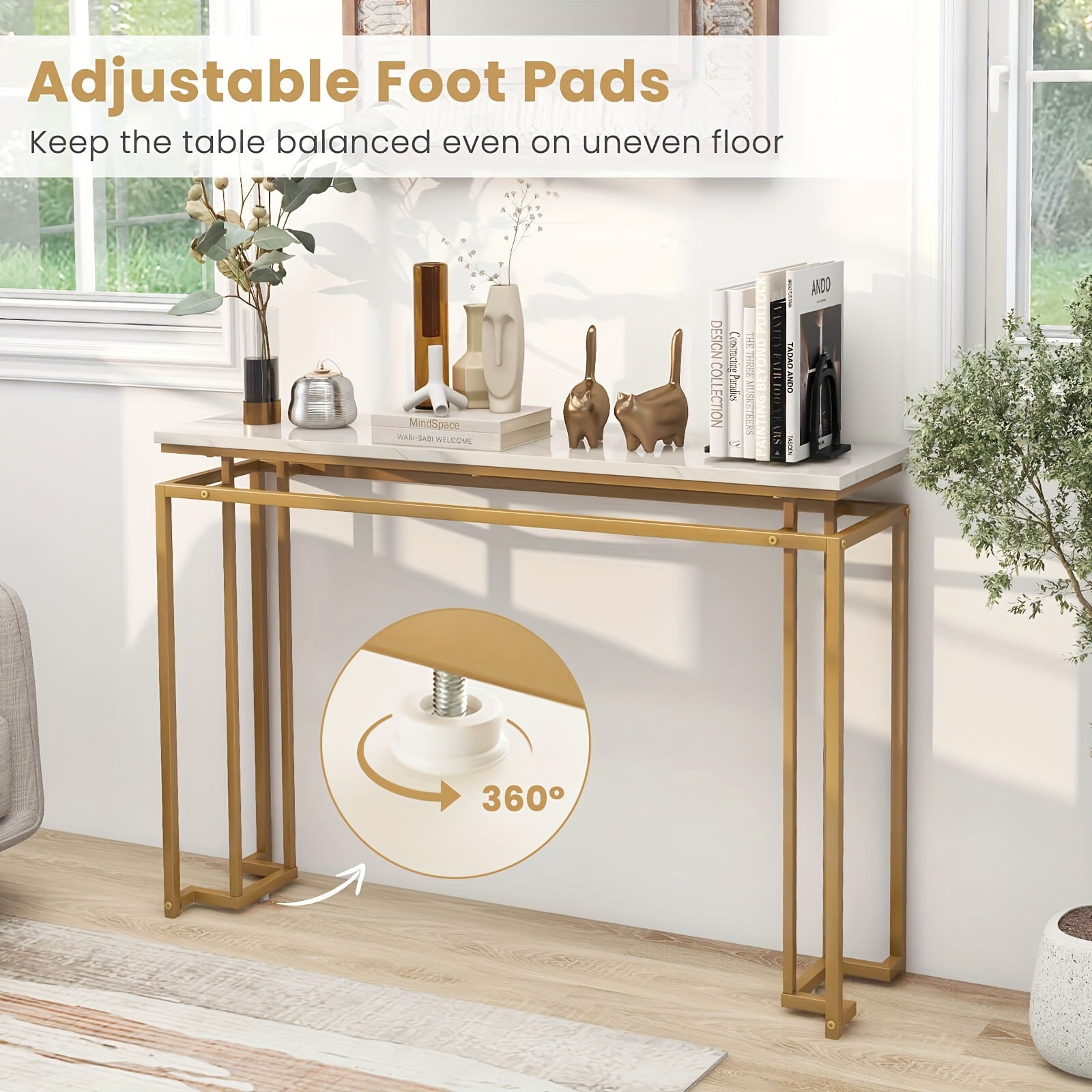 Elegant 120 cm White Faux Marble Top Console Table with Golden Metal Frame - Modern Entryway Table with Anti-Toppling Kit, Adjustable Feet for Stability, Waterproof & Durable - Perfect for Decor & Everyday Use, Console Table for