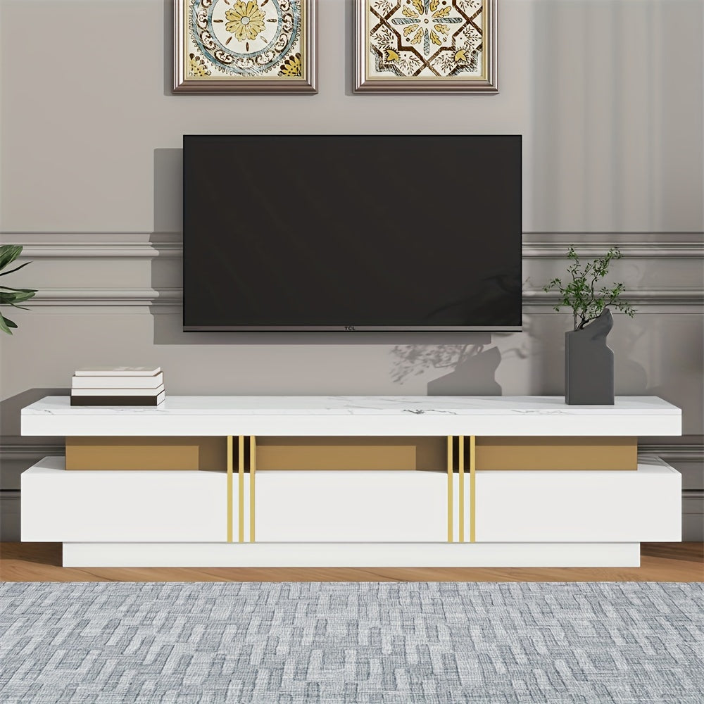 TV Stand with High Gloss Faux Marble Top for TVs Up to 78'', Rectangle Media Console with Golden Panel Design, Practical Entertainment Center with 3 Drawers for Living Room