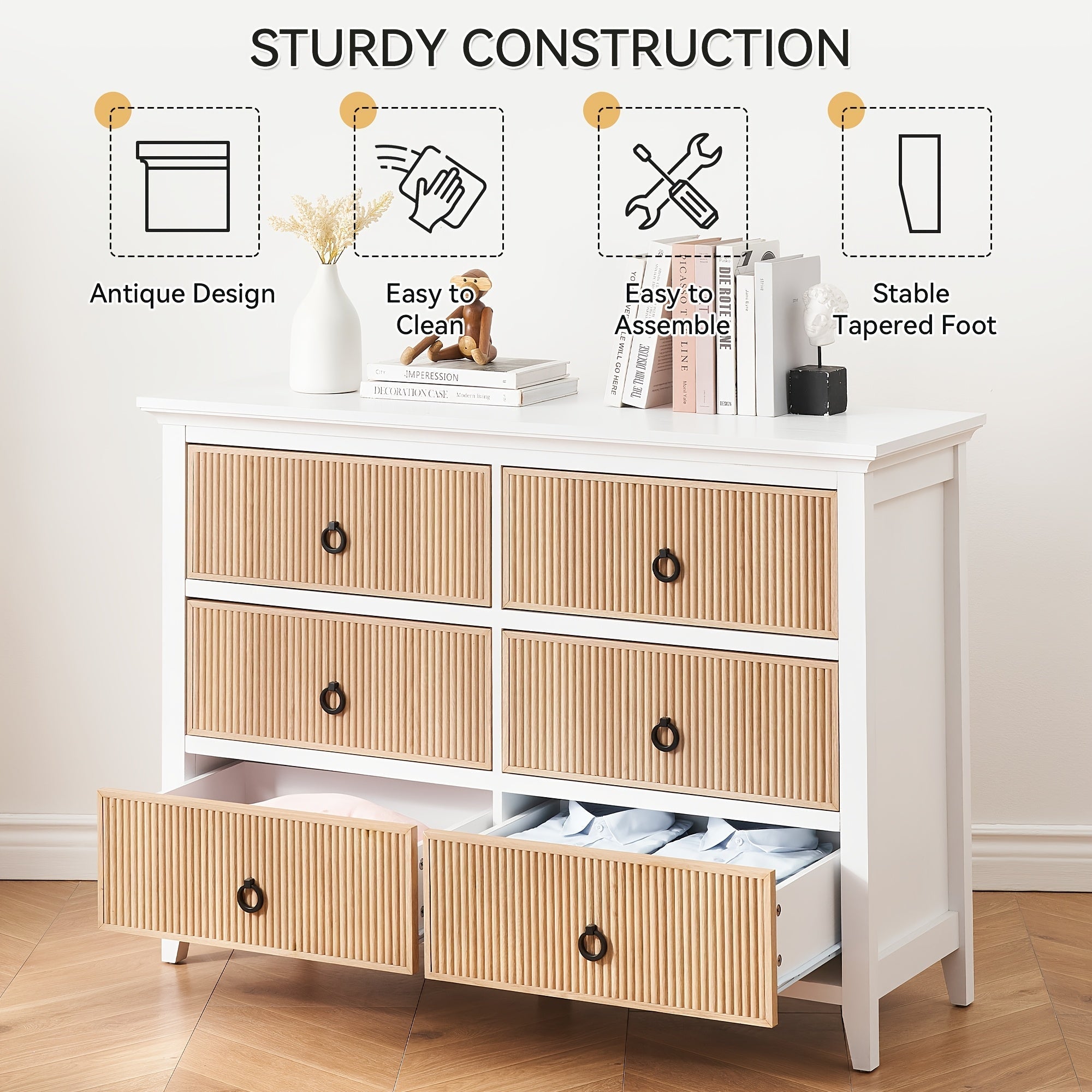 6 Drawer Dresser, Modern Closet Dressers Chest With Waveform Fluted Dresser, 47.2''Wide Wood Storage Dresser Organizer For Nursery Bedroom, Hallway, Closet, Living Room, Storage Drawer Units