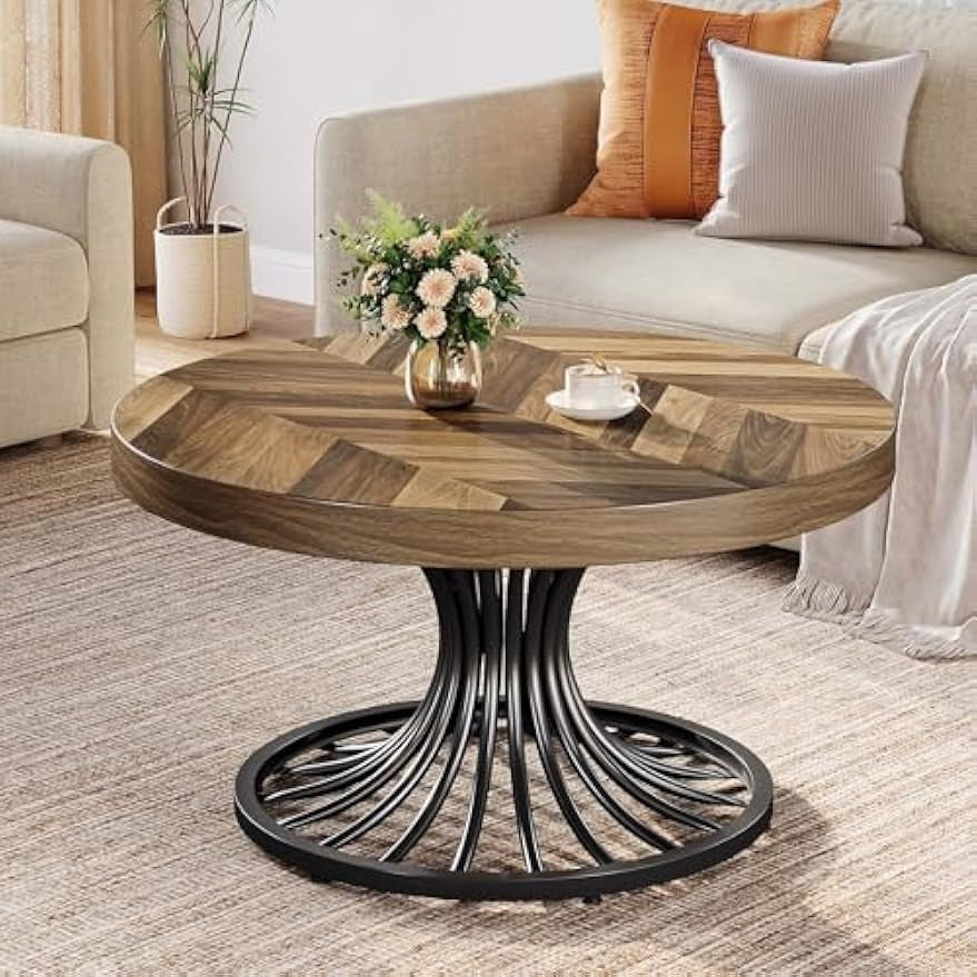 Round Coffee Table for Living Room, 82cm Small Wood Coffee Table with Stylish Metal Pedestal, Industrial Wooden Accent Center Table for Small Spaces, Home Office, Rustic Brown and Black