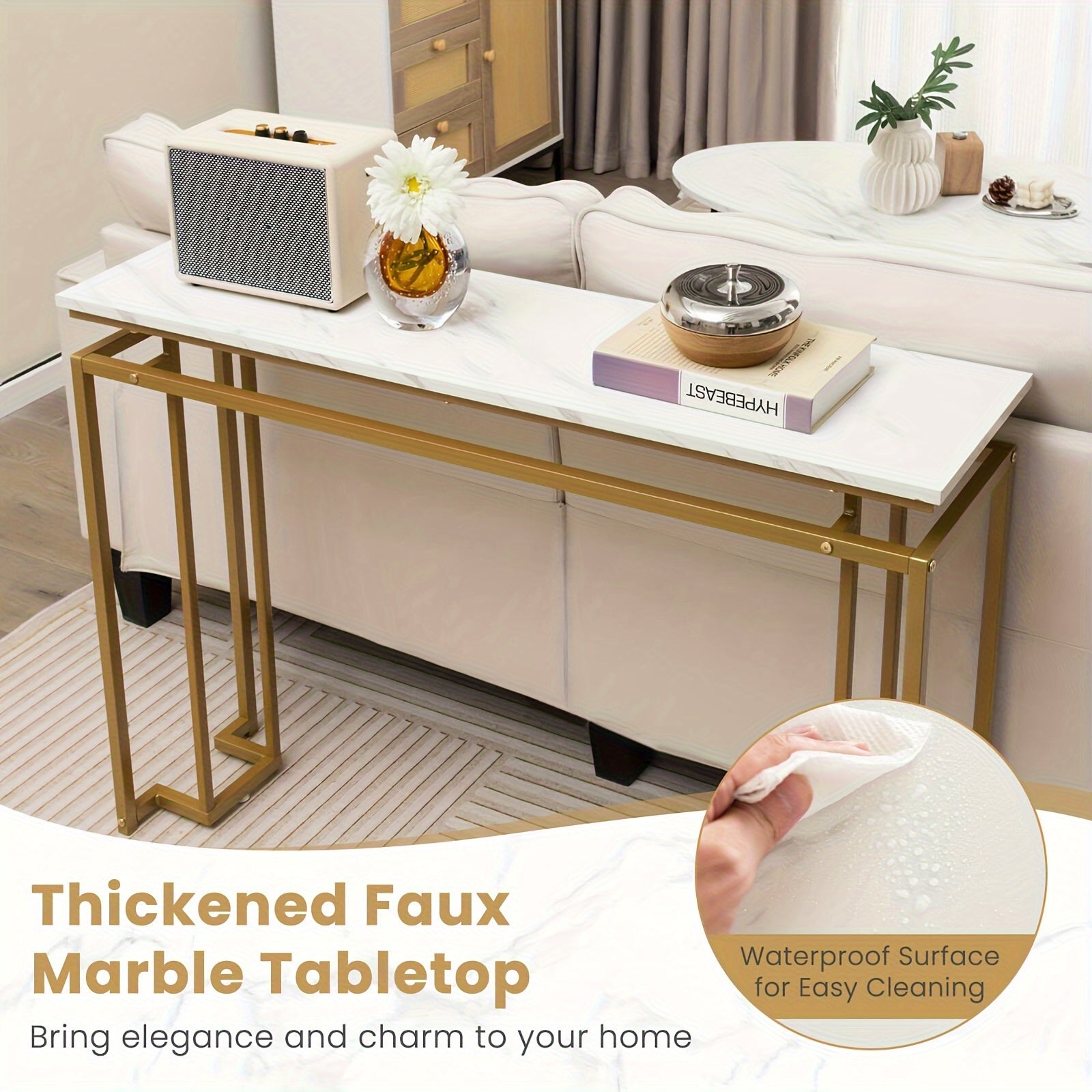 Elegant 120 cm White Faux Marble Top Console Table with Golden Metal Frame - Modern Entryway Table with Anti-Toppling Kit, Adjustable Feet for Stability, Waterproof & Durable - Perfect for Decor & Everyday Use, Console Table for