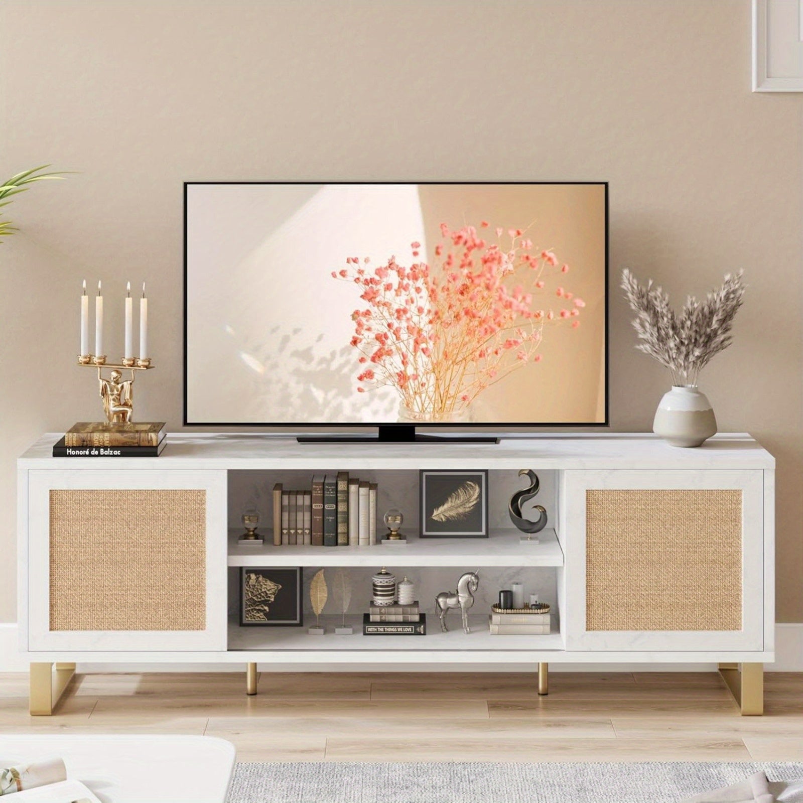 1pc Rattan Tv Stand for 65 Inch, Modern White Entertainment Center with Marble Color, Tv Console Cabinet with Storage, Doors And Shelves, Media Tv Cabinet Furniture for Living Room Bedroom