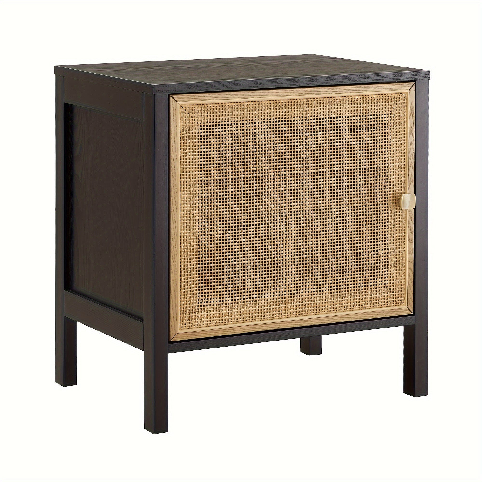 Rattan Nightstand, End Table With Doors, Side Table With Solid Wood Legs for Bedroom