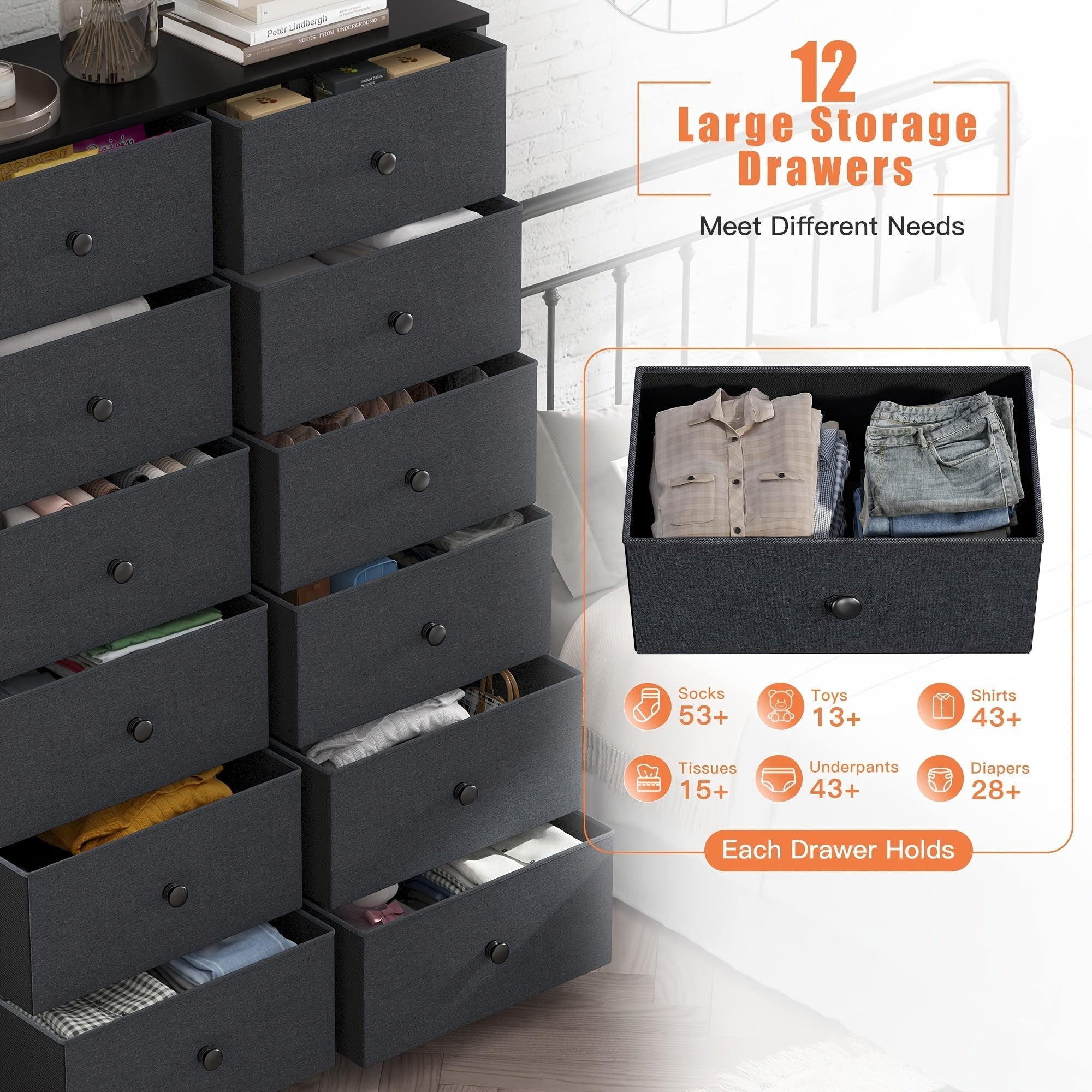 Tall Dresser For Bedroom, 12 Drawer Dresser For Bedroom, Fabric Dresser & Chest Of Drawers For Bedroom Dressers With 12 Large Drawers For Closet Living Room Entryway, 34.7"Dx11.8"Wx52.4"H