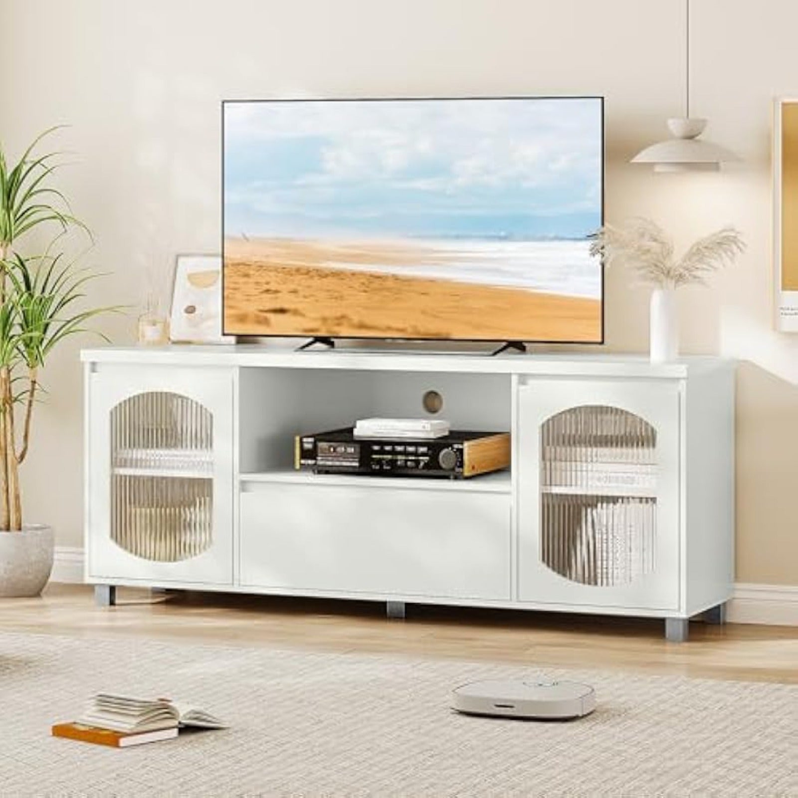 Modern TV Stand for 65 Inch TV, TV Cabinet with Fluted Glass Door and Open Shelve, TV Console with Storage Cabinet and Drawer, White TV Entertainment Center with Storage for Living Room