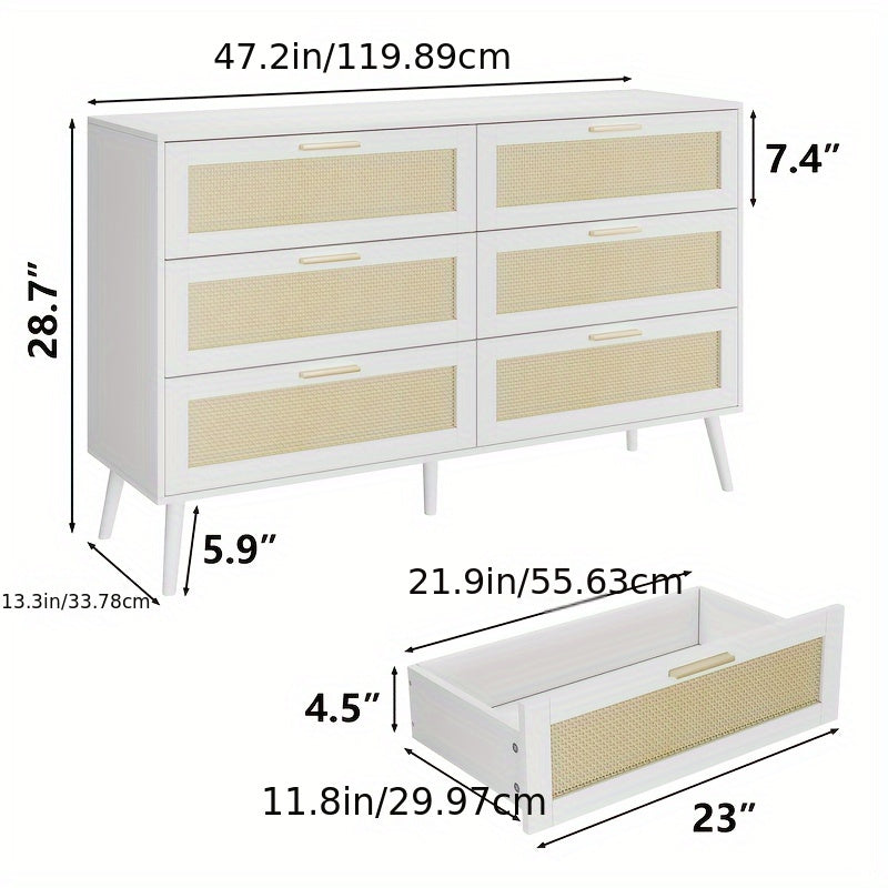 Elegant White Rattan 6-Drawer Dressing Table with Golden Handles | Modern Storage Cabinet with Textured Front Panels | Ample Organizer for Bedroom, Living Room & Hallway | Stylish & Practical, Room Accessories