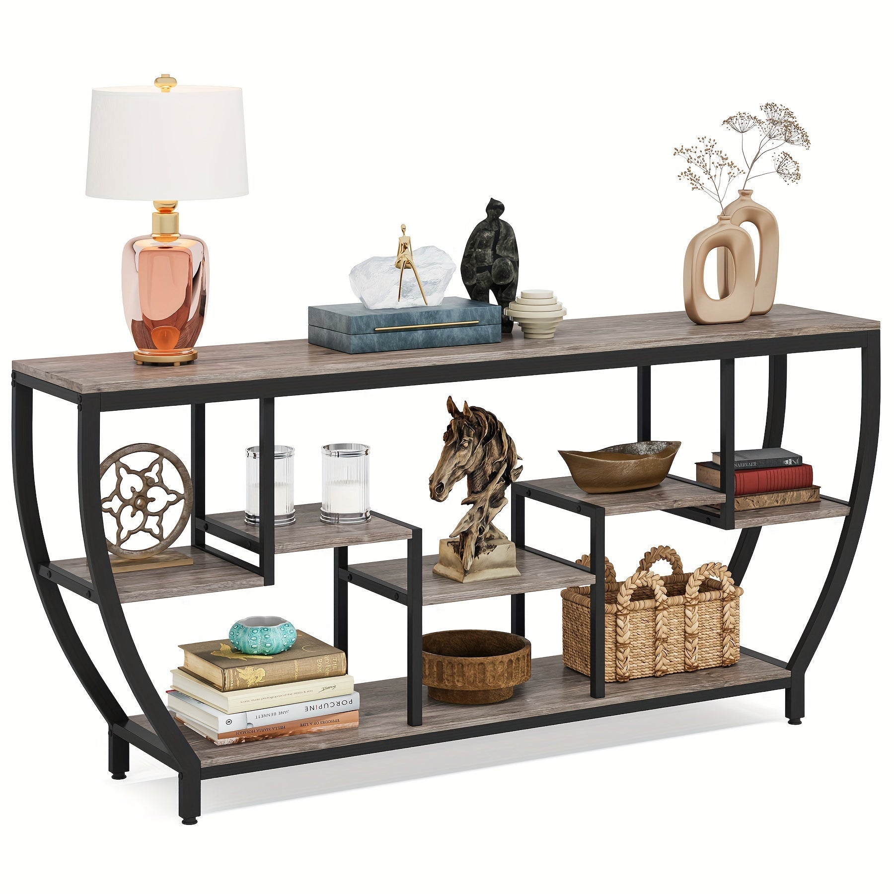 Modern Industrial 180cm TV Console Table with Three Layer Open Storage Shelves for Living Room Dining Room Furniture