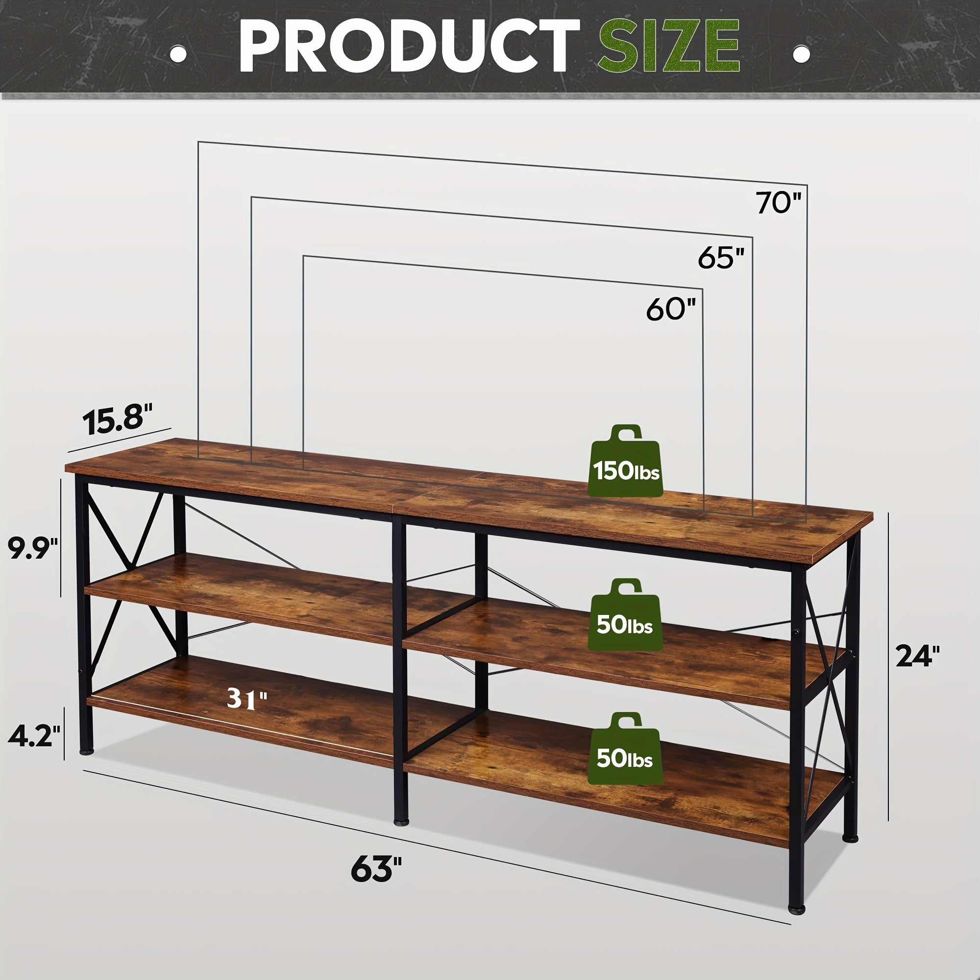 TV Stand for 65 70 inch TV, Entertainment Center with Storage, Industrial TV Console for Living Room, Long 63" TV Cabinet with Metal Frame