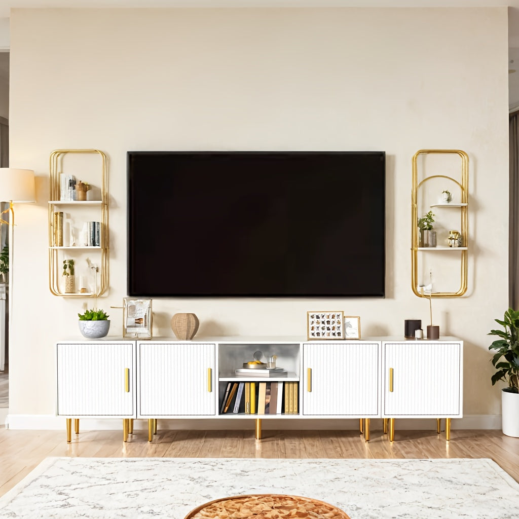 Luxury Fluted TV Stand with 2 Side Tables, Entertainment Center for TVs Up to 80", Modern Media Console with Cabinets, TV Console for Living Room Bedroom