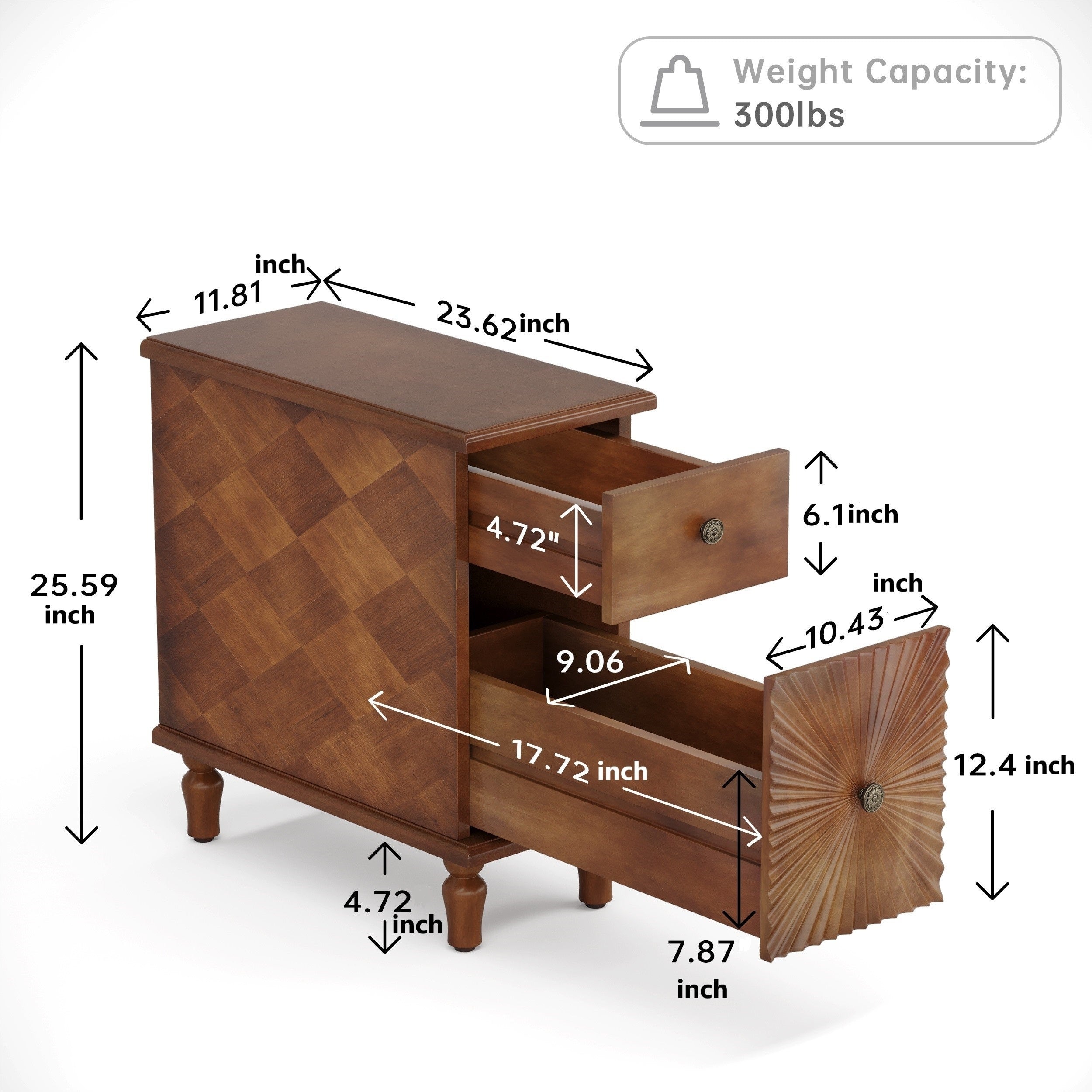 1pc Vintage Solid Wood Sunburst End Table - 2-Drawer Sofa Side Table with Etched Sunbeam Texture - Space-Saving Legged Nightstand for Bedroom and Living Room - Hardwood Construction, No Assembly Required