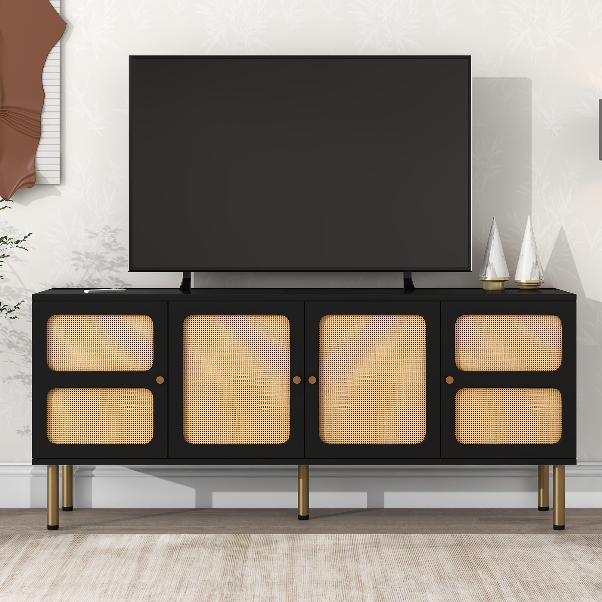 TV Stand With Rattan Door, Woven Media Console Table For TVs Up To 70'', Country Style Design Side Board With Gold Metal Base For Living Room, Black.