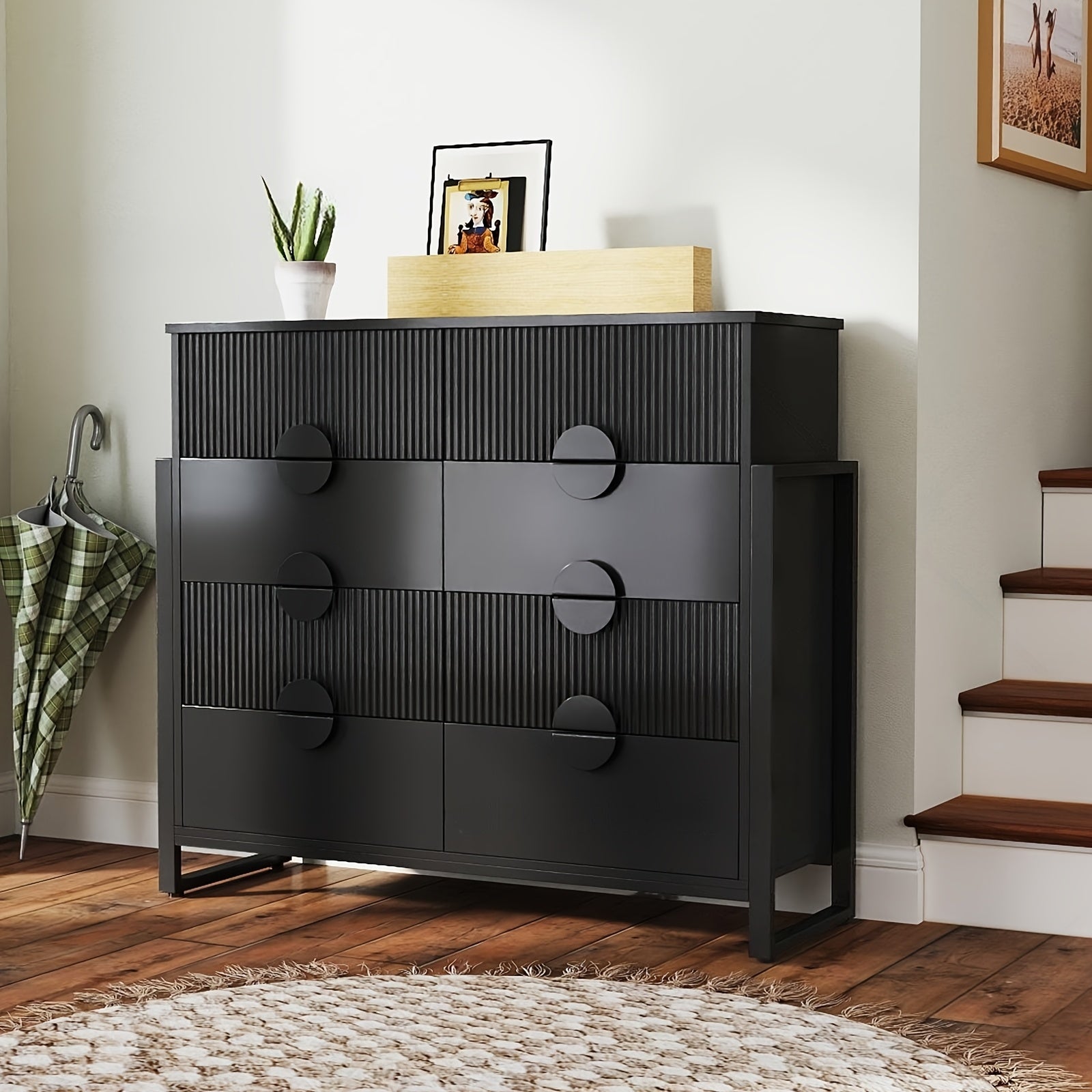 Modern Fluted 8-Drawer Dresser with Metal H Legs and Large Handles, 49.6" Long TV Stand, Suitable for Bedroom, Living Room, Hallway - Hardwood and MDF Construction, Tall Dresser for Bedroom