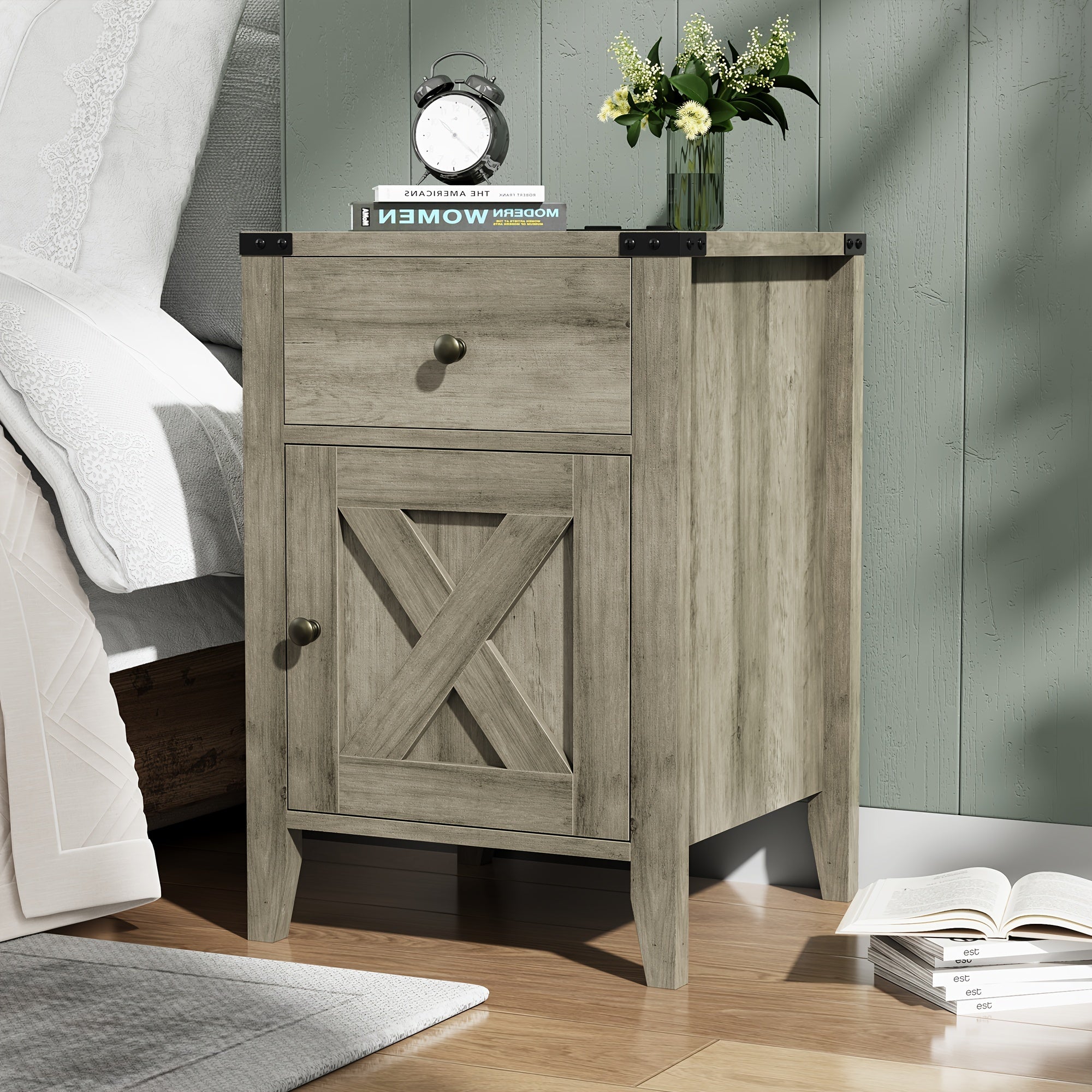 Farmhouse Nightstand with Drawer and Storage Cabinet, End Side Table for Bedroom