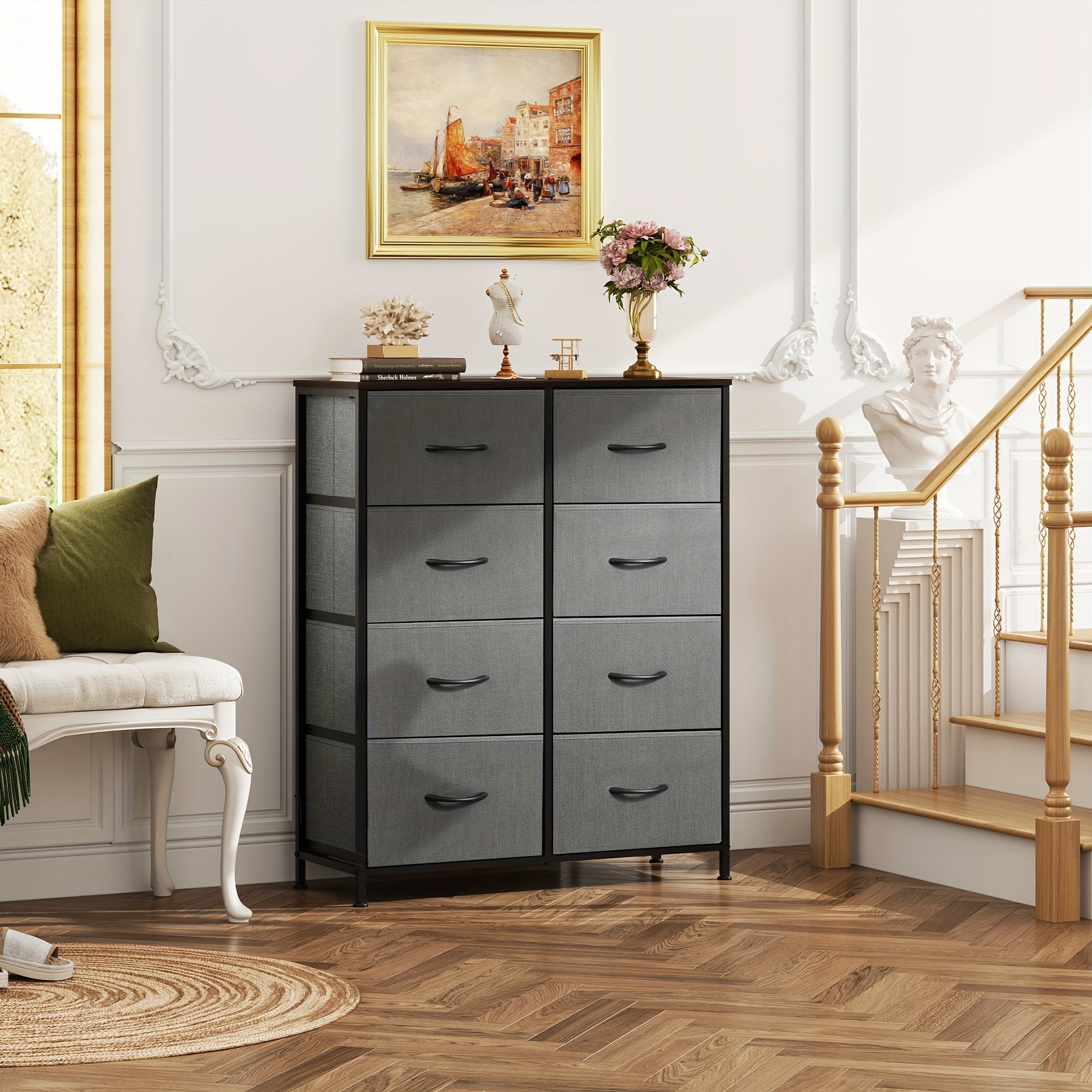 Fabric Dresser for Bedroom, Tall Dresser with 8 Drawers, Storage Tower with Fabric Bins, Double Dresser, Chest of Drawers for Closet, Living Room, Hallway