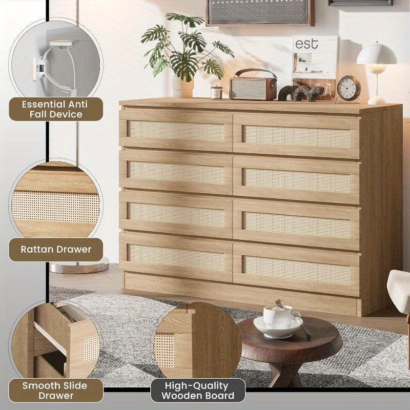 Rattan Dresser for Bedroom, Modern 8 Drawer Wooden Dresser Chest, Wide Wood Beside Table for Closet, Nursery, Living Room and Entryway, Natural