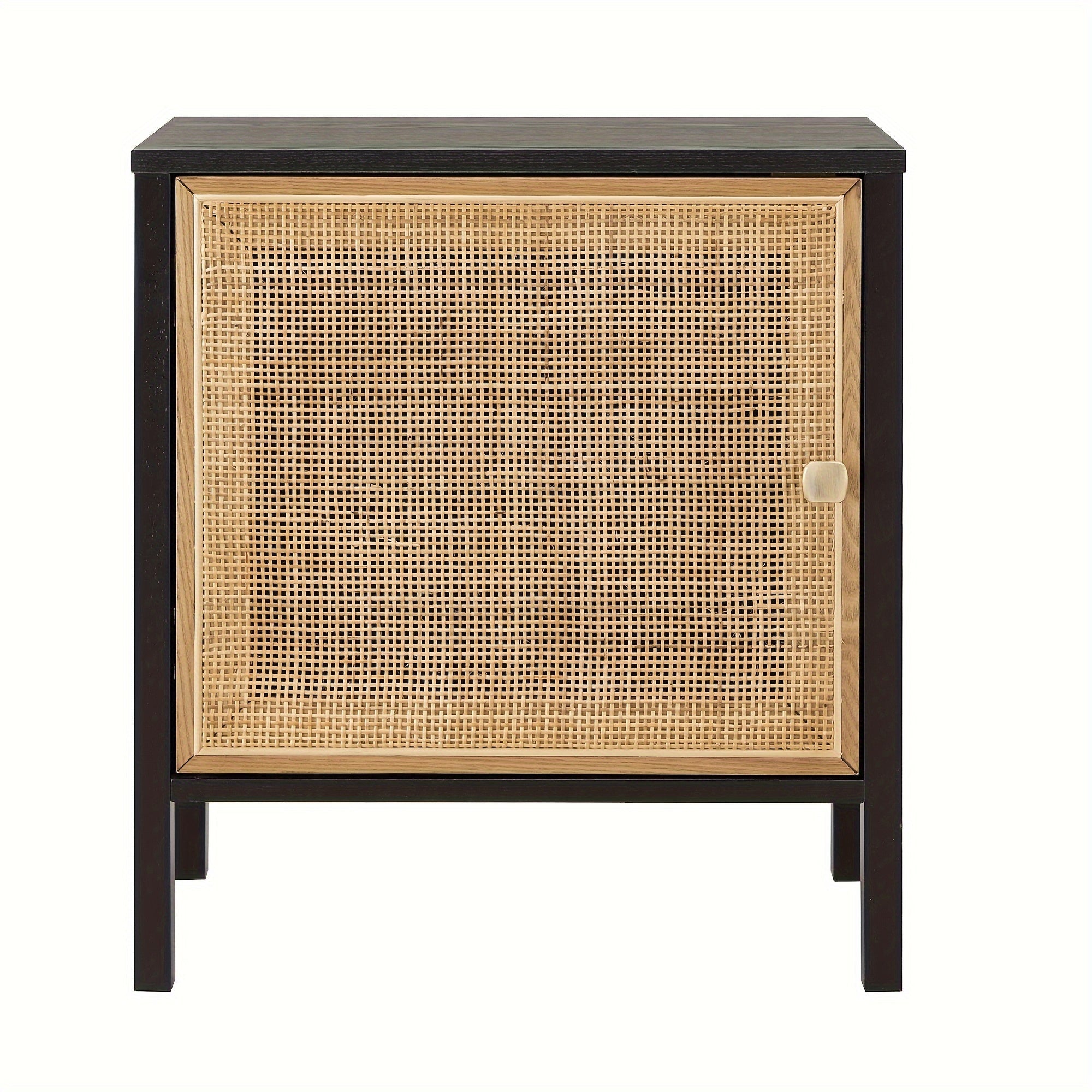 Rattan Nightstand, End Table With Doors, Side Table With Solid Wood Legs for Bedroom