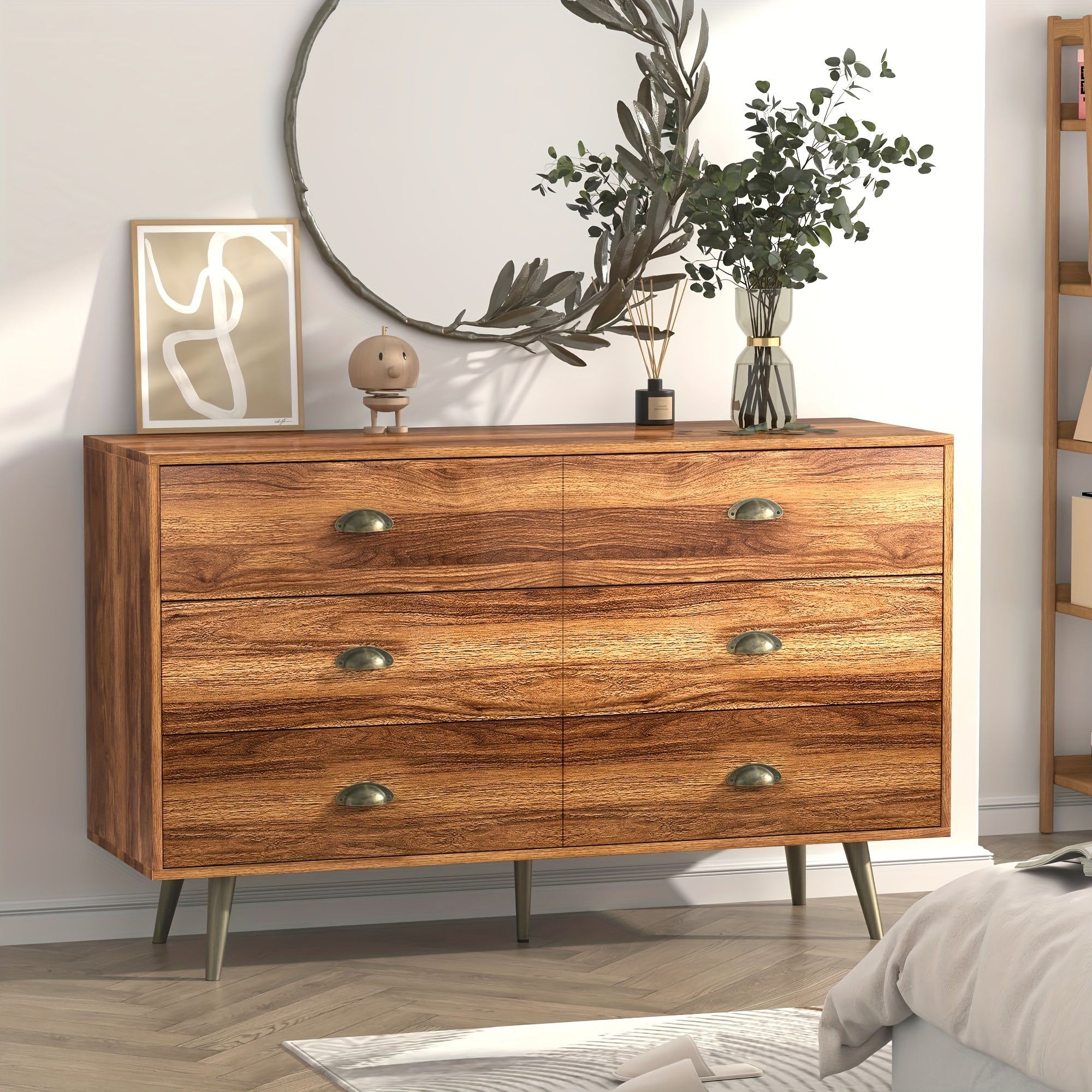 Dresser for Bedroom with 6 Drawers, Mid Century Modern Dresser with Gold Handles, Wooden Dressers & Chest of Drawers Organizer for Entryway, Walnut Wood