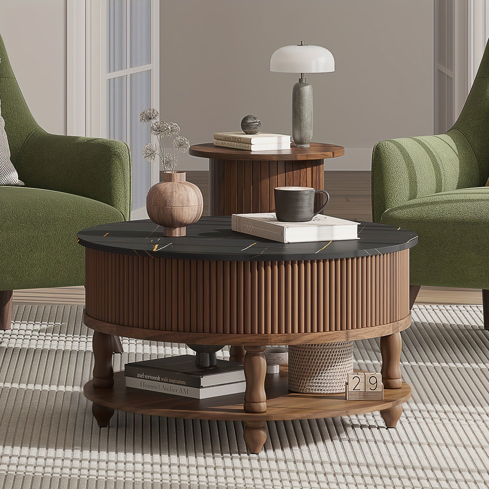 Round Coffee Table with Lifting Top, Mid Century Modern Coffee Table with Storage, Wood Circle Coffee Table for Living Room, 31.5" 2-Tier Small Center Table (Marble + Walnut)