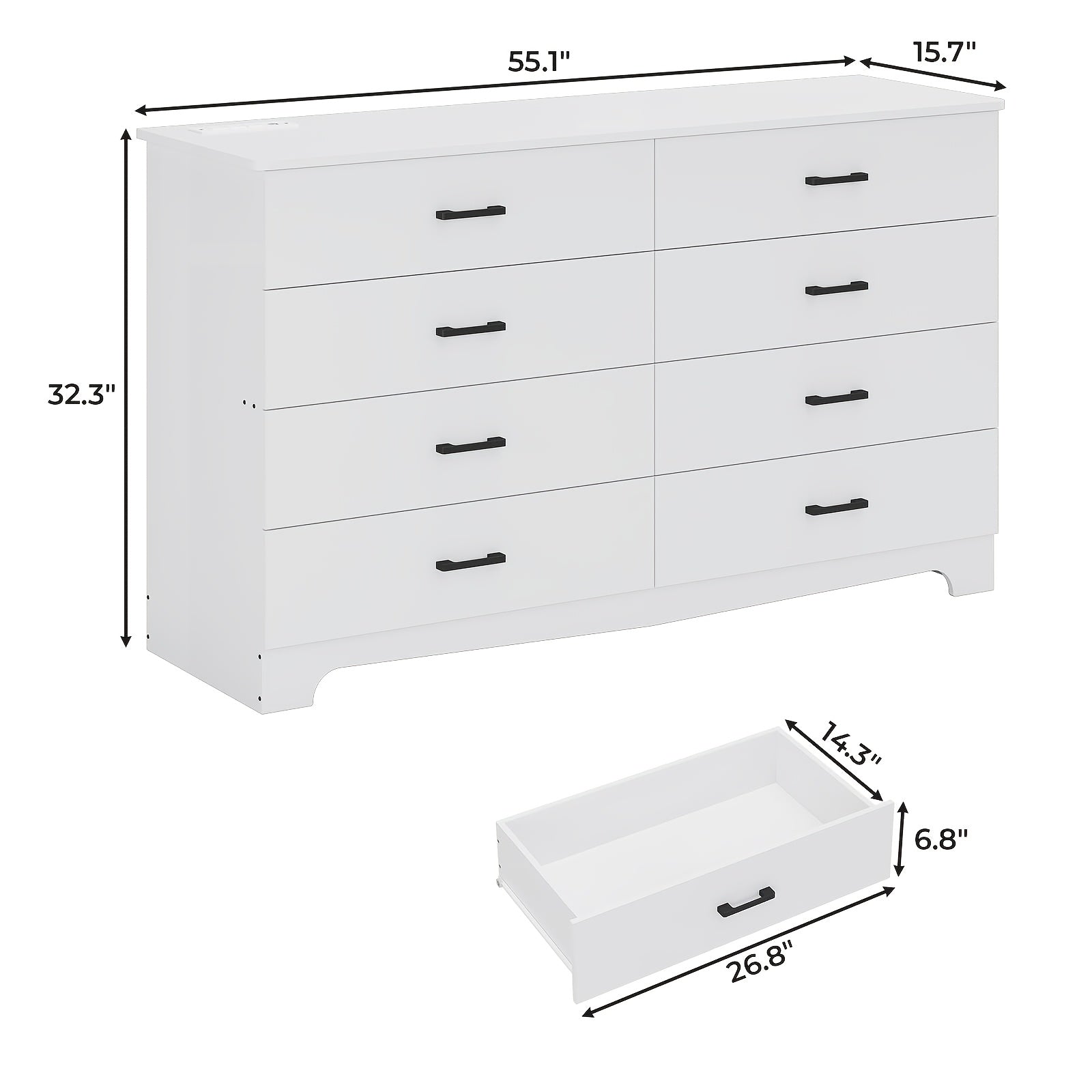 8 Drawer Bedroom Dresser, Large Drawer Chest With Charging Station, 55.1 Inch Wide Storage Wardrobe Organizer, Living Room Long Dresser TV Stand, White