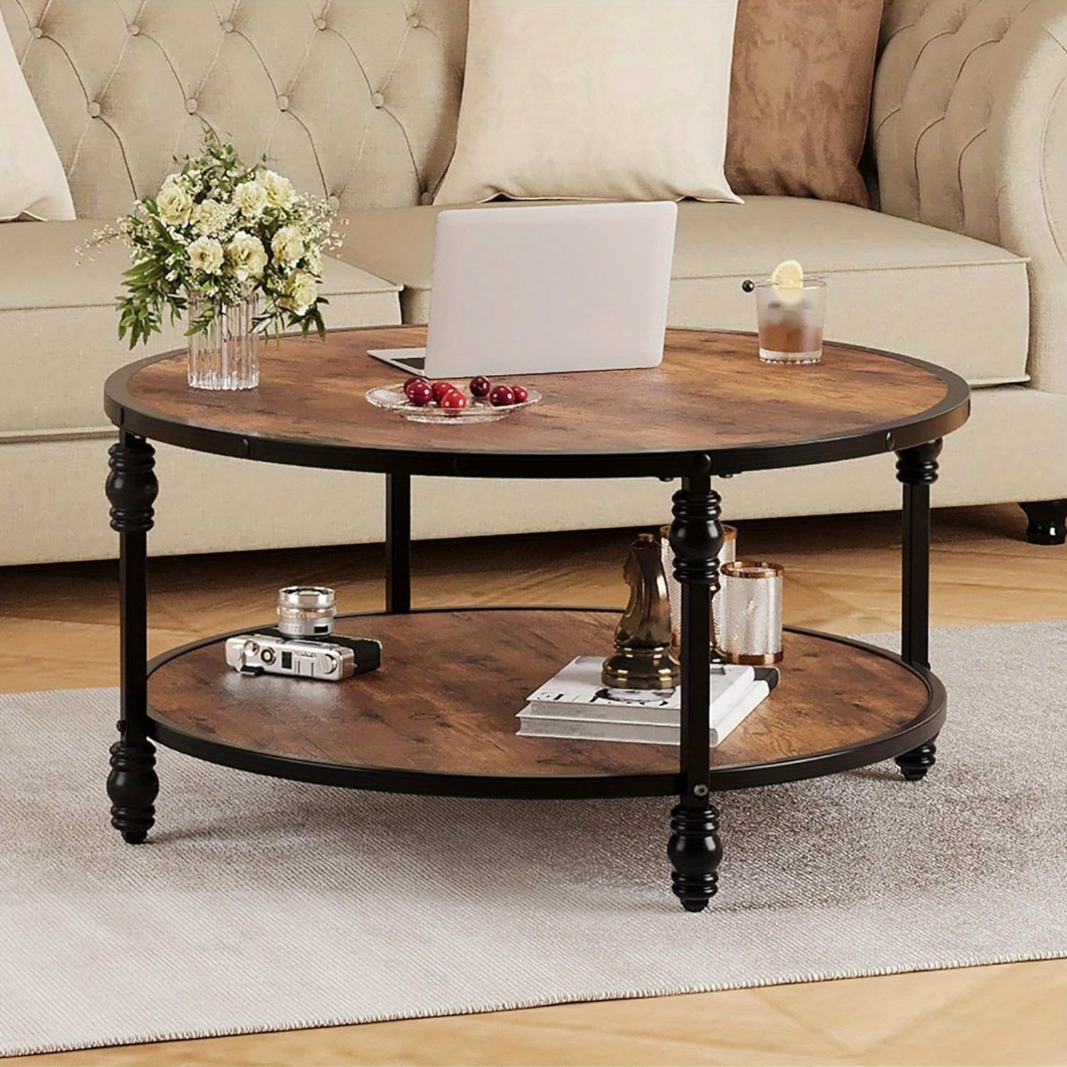 Coffee Table Round Rustic Center Table with Storage Shelf Wood Circle Coffee Table with Sturdy Metal Legs Living Room