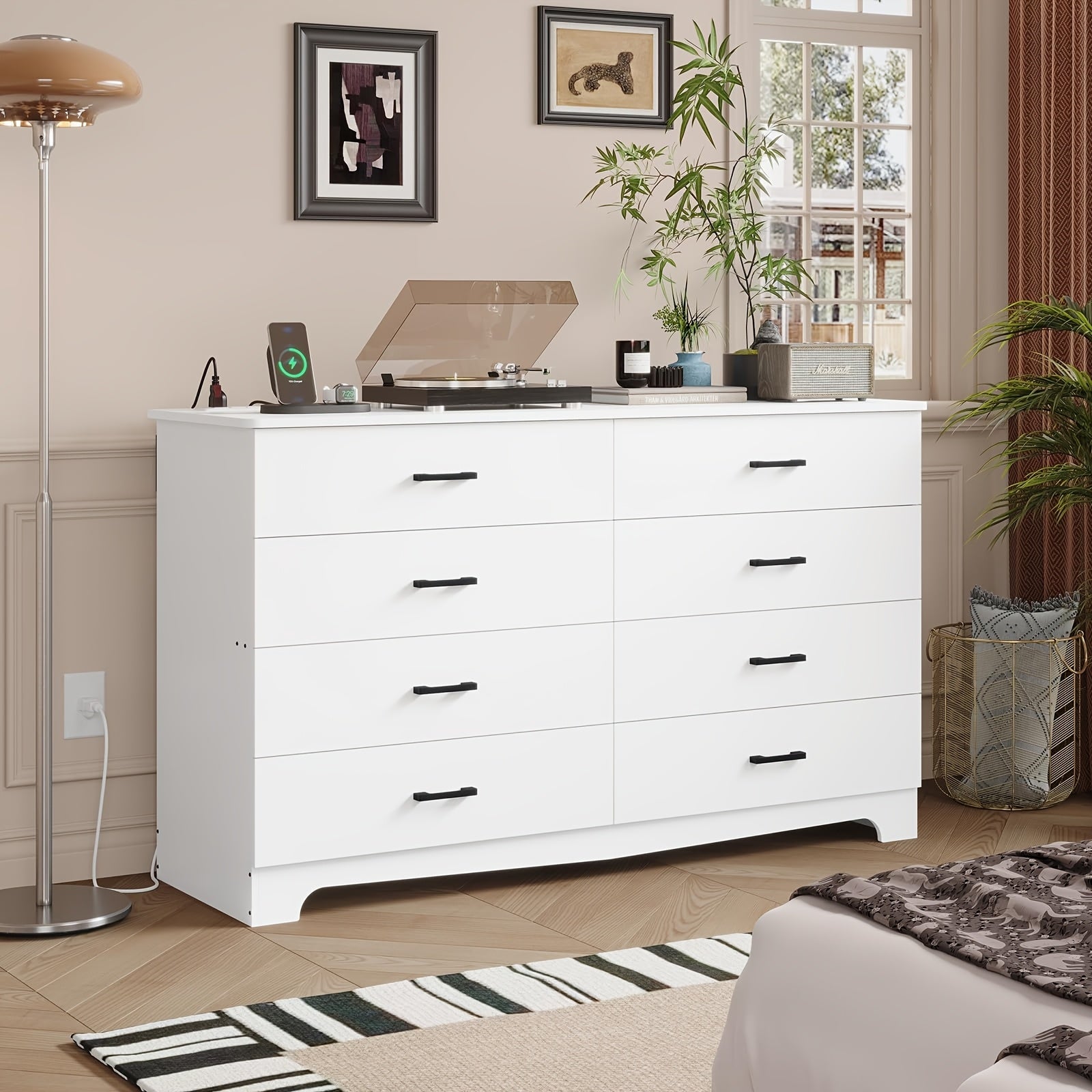 8 Drawer Bedroom Dresser, Large Drawer Chest With Charging Station, 55.1 Inch Wide Storage Wardrobe Organizer, Living Room Long Dresser TV Stand, White