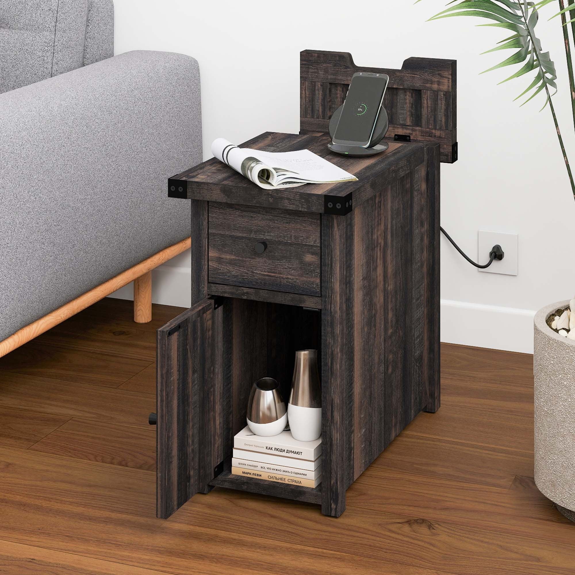 Rustic Farmhouse Dark Oak End Table with Drawer - Charging Station, USB Ports & Flip-Top Design for Bedroom and Living Room Decor